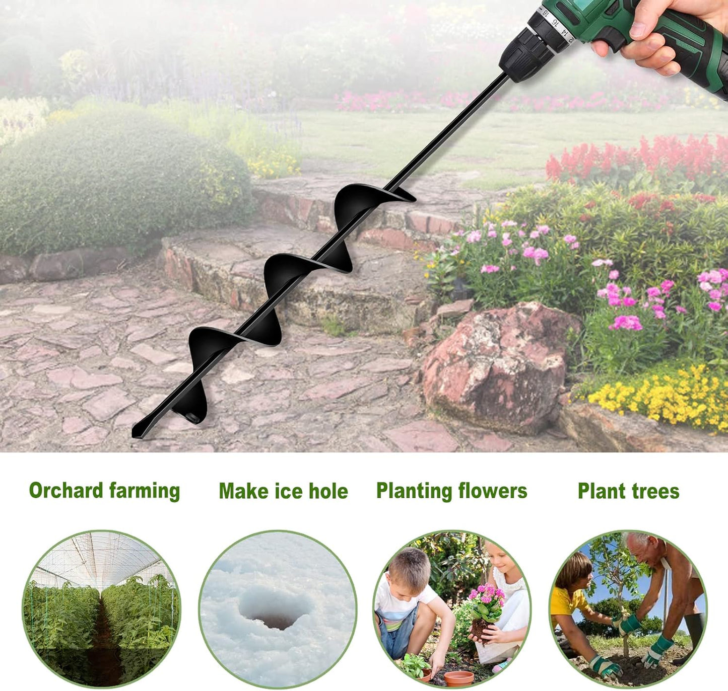 LONGRUN Auger Drill Bit for Planting, Garden Spiral Hole Drill for 3/8” Hex Drive Augers, Solid Shaft Hole Digger Easy Rapid Planter for Planting Trees, Bulbs, Seedlings-2.4"x22.84"