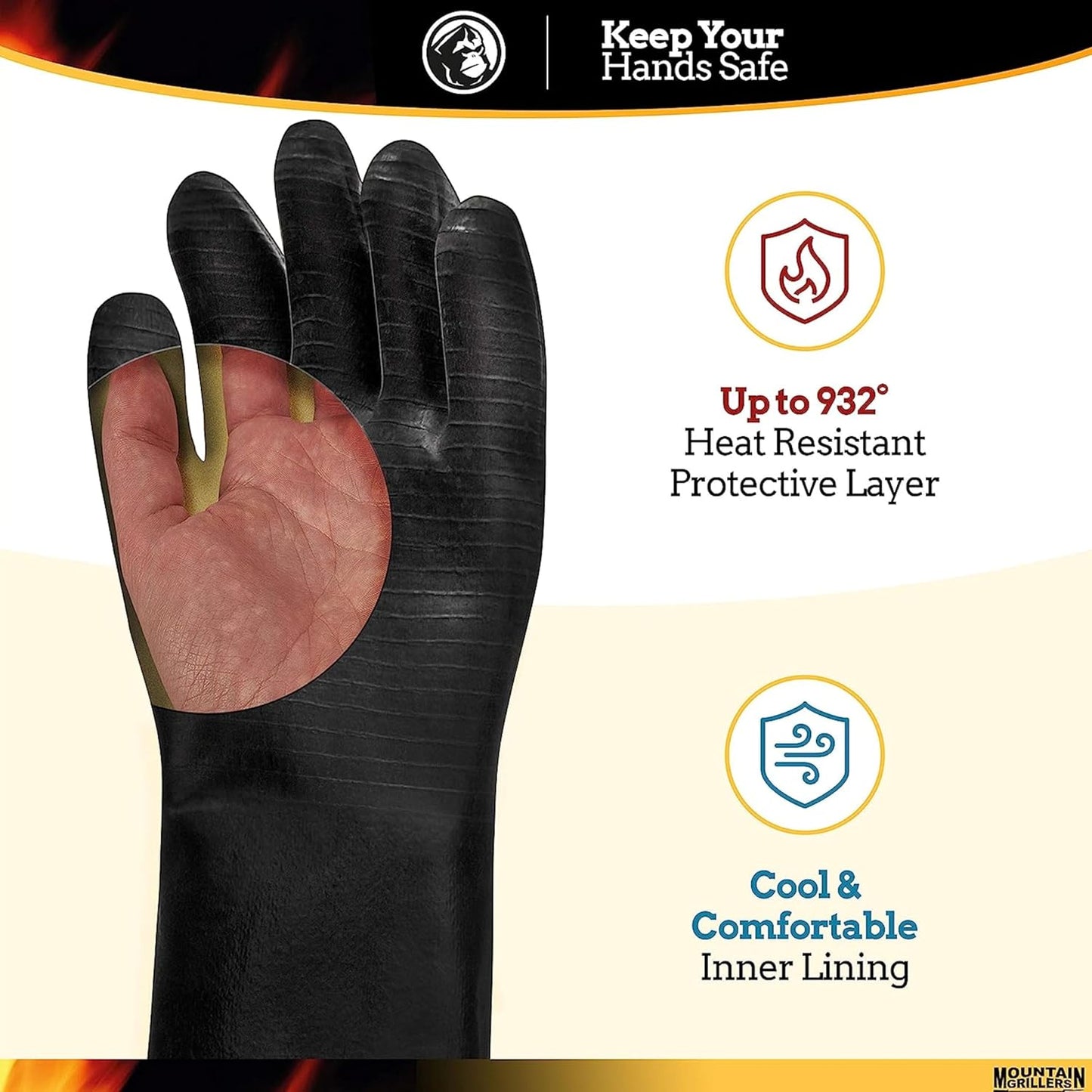 Mountain Grillers Extreme Heat Resistant Gloves for Grill BBQ High Temperature Fire Pit Gloves Barbecue Cooking, Smoker, Oven, Fryer, Grilling Waterproof, Fireproof Oil Resistant Neoprene Coating 14in