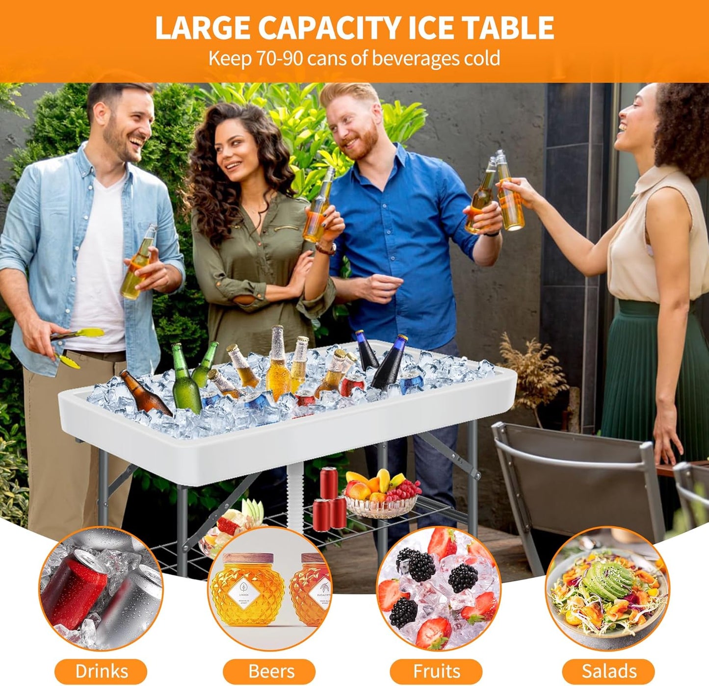 Portable Folding Ice Cooler Table - Outdoor Cooler 4 Foot Table with Removable Matching Skirt and Shelf, Ice Tables for Party, BBQ, Camping, Picnic, Foldable Self-Serving Beverage Cooling Bar(White)
