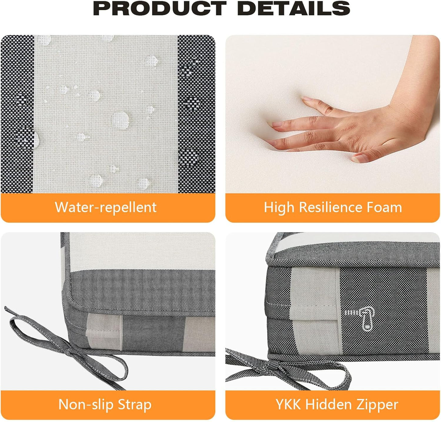 Square Corner Seat Cushions, 18.5" x 16" x 3", Set of 4, Indoor Outdoor Water Repellent Universal Chair Pads with Ties for Patio Furniture, Garden Deck Dining Chairs, Gray Stripe