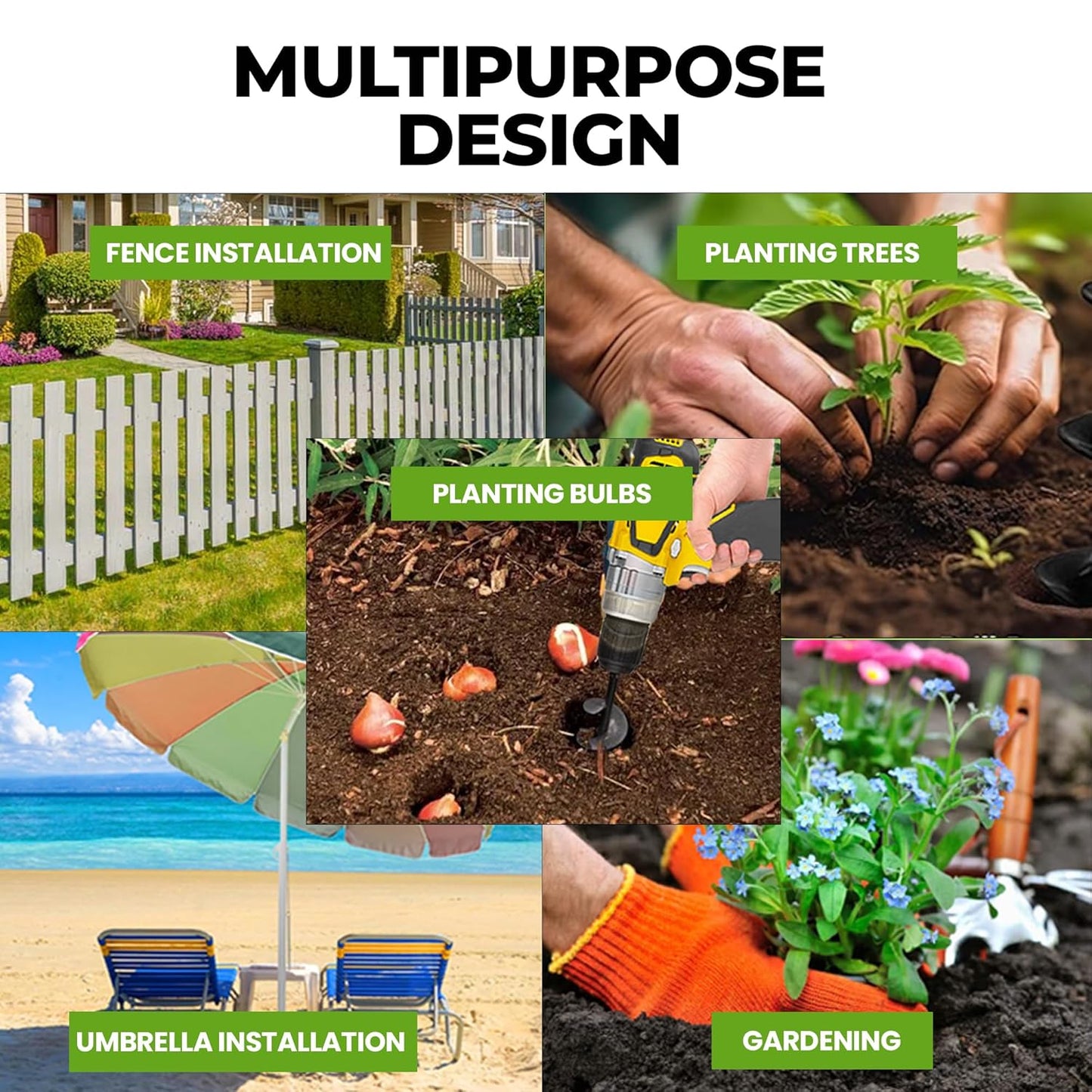 K-Brands Auger Drill Bit for Planting – 1.6 x 9 Inch & 3 x 9 Inch Set - Garden Spiral Hole Drill and Bulb Planter Tool - Bedding Plants, Umbrella Holes - 3/8 Inch Hex Drive Drill