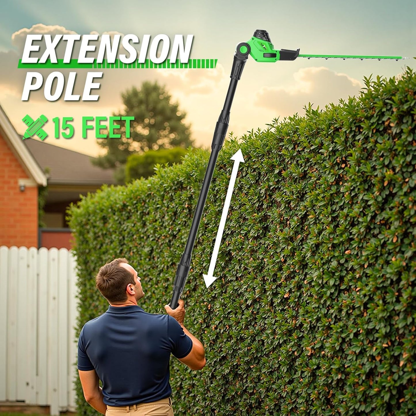 SOYUS Pole Hedge Trimmer Cordless, 18-inch Electric Hedge Trimmer with Extension Pole, 16-Foot Max Reach, Multi-Angle, 2 * 2.0Ah Batteries and Charger Included