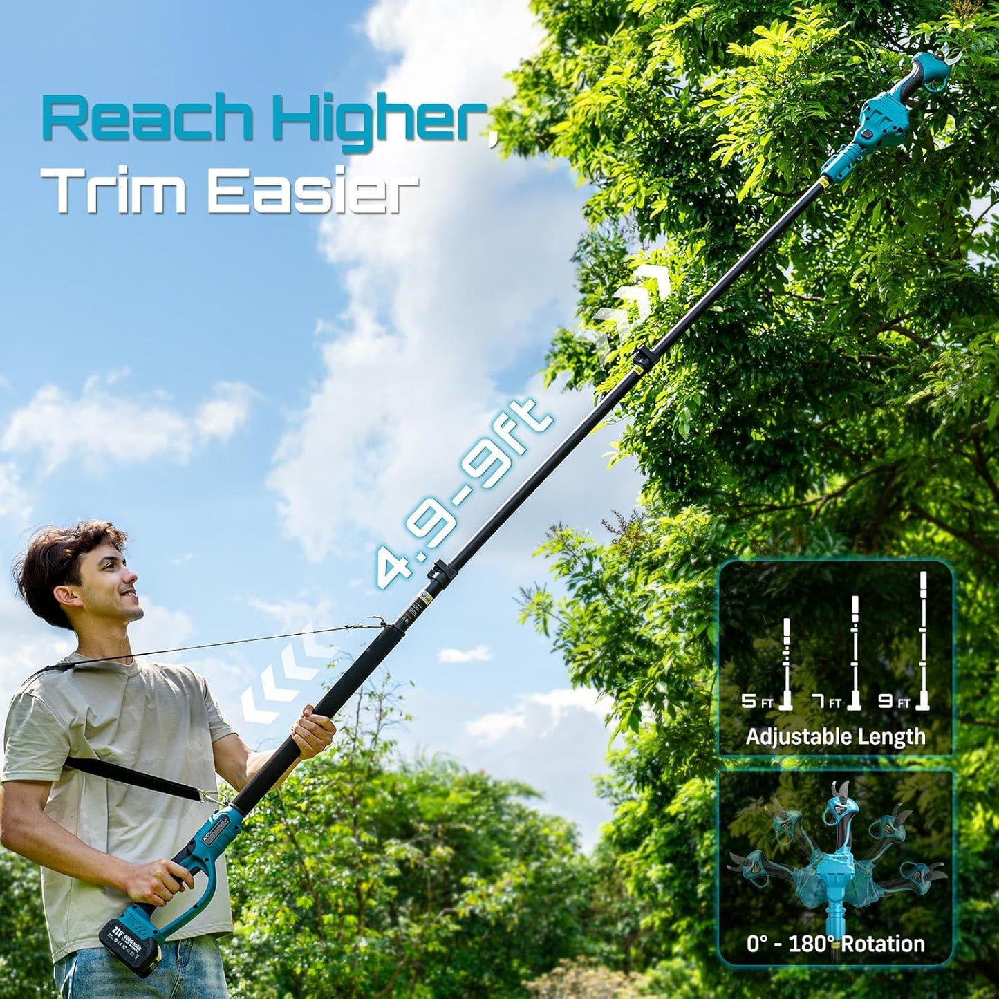 Seesii 2-in-1 Cordless Electric Pruning Shears with Pole, 15Ft Reach, 1.2" Cutting Diameter, 21V 2x 4000mAh Batteries, Battery Powered Tree Pruner with Brushless Motor for Efficient Branch Trimming