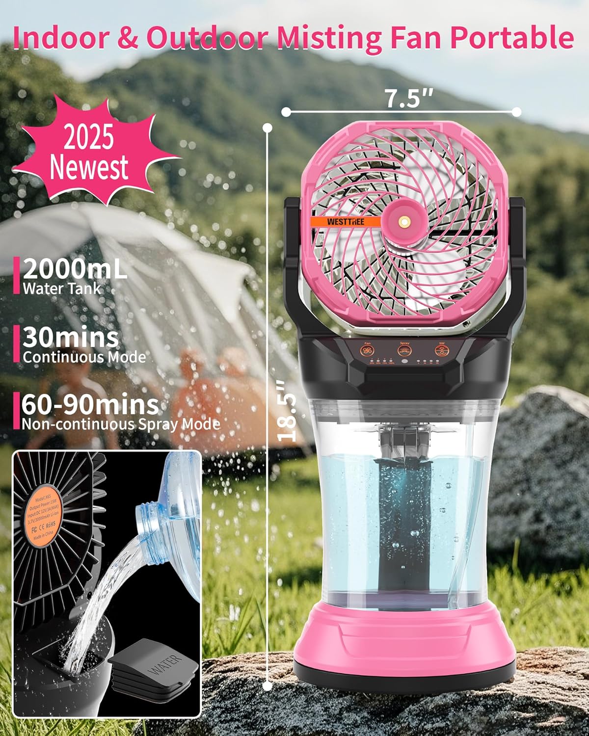 Portable Misting Fan with Large Battery Fan-Rechargeable Outdoor Misting Cooling Fans with 2L Water Tank,RGB Lights,4 Speeds & Spray Modes-for Patio, Camping, Beach, Workshop (Pink)