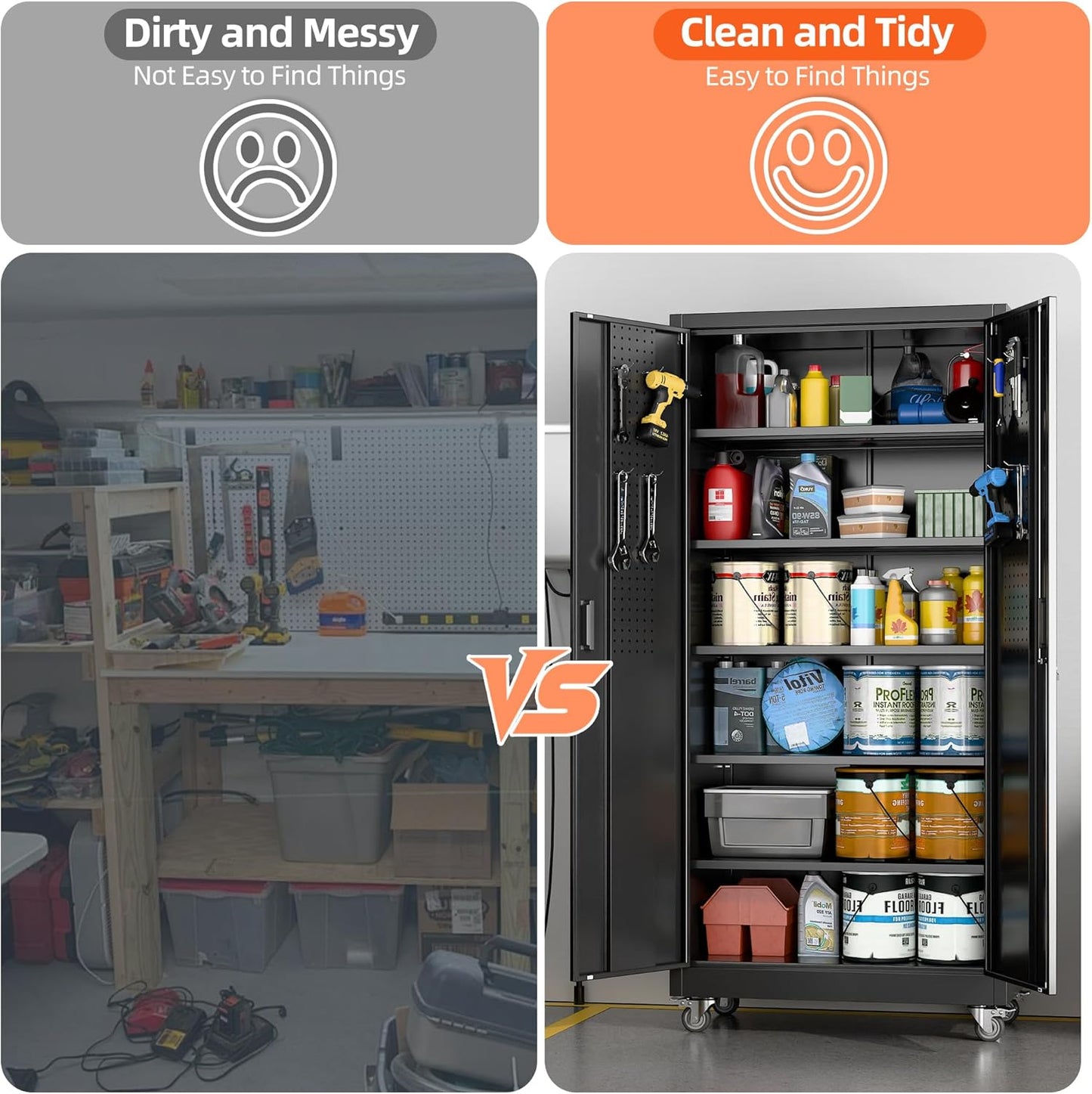 Aobabo 71" H×34" W×18" D Metal Storage Cabinet with Wheels, Locking Steel Storage Cabinet with 4 Hooks, 5 Shelves for Garage, Home Office, School, Assembly Required, Black