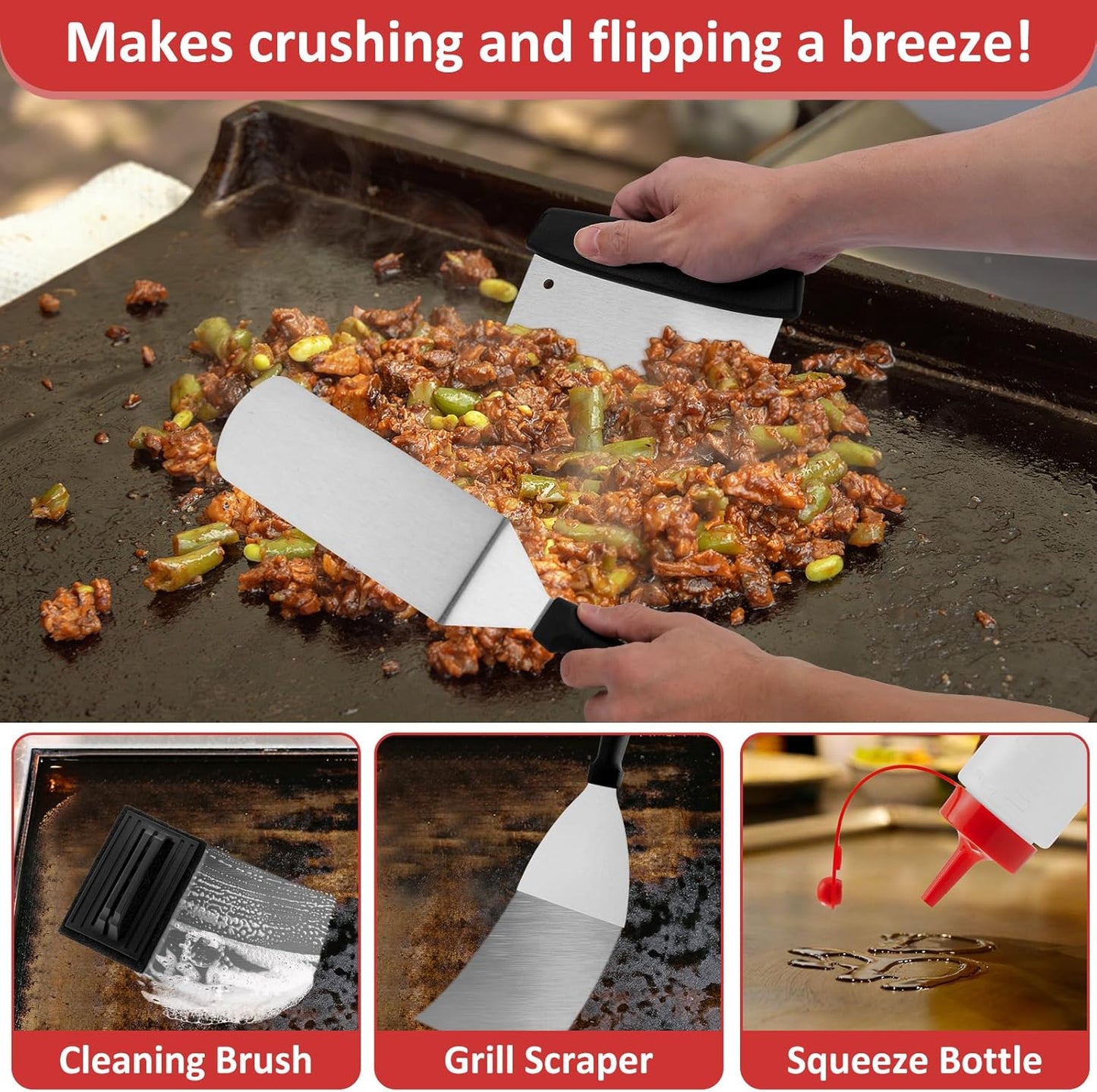 25Pcs Griddle Accessories Kit, Leonyo Flat Top Grill Accessories for Outdoor, Professional BBQ Griddle Tools Smash Burger Press Kit with Enlarged Spatulas Scraper, Basting Cover - PP Handle