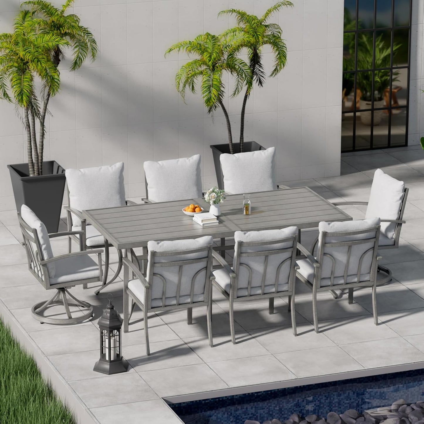HAPPATIO Patio Dining Table for 8, Large Rectangle 84"×39.8", Patio Aluminum Slat Dining Table with 2.2" Umbrella Hole, All Weather Outdoor Table for Lawn, Garden and Poolside