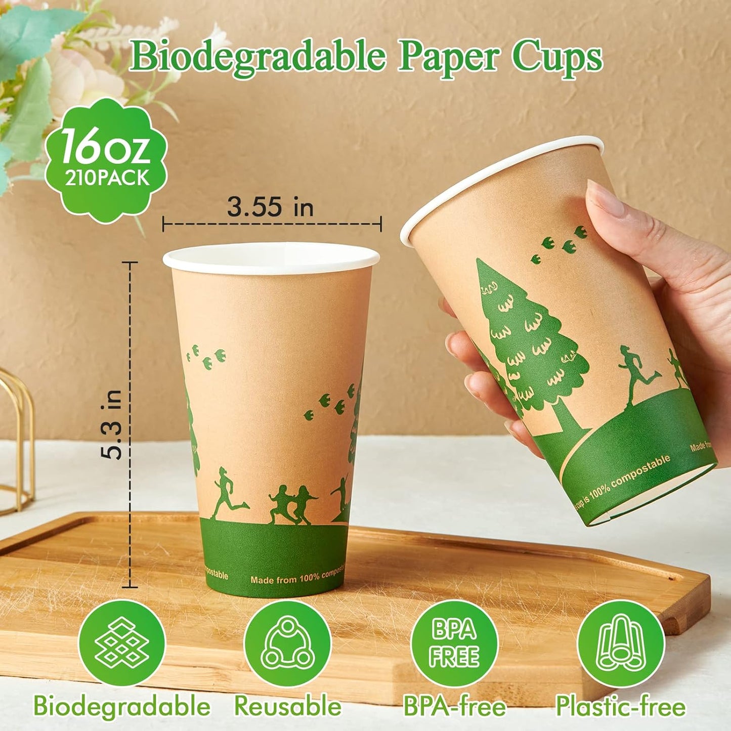 ECOLipak 210 Count 16 oz Paper Cups, 100% Compostable Paper Coffee Cups with PLA Lined, Disposable Biodegradable Hot Paper Cups for Party, Picnic, Travel, and Events