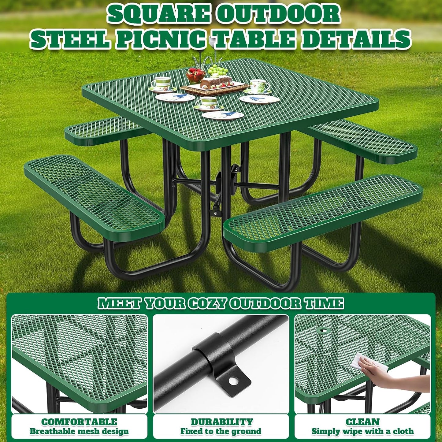 Heavy-Duty Park Bench or Table for Outside - Black Coated Outdoor Furniture Steel Bench, Commercial-Grade Outdoor Benches Weatherproof for Park, Patio, Porch (Green, 46” (Sq. Table))