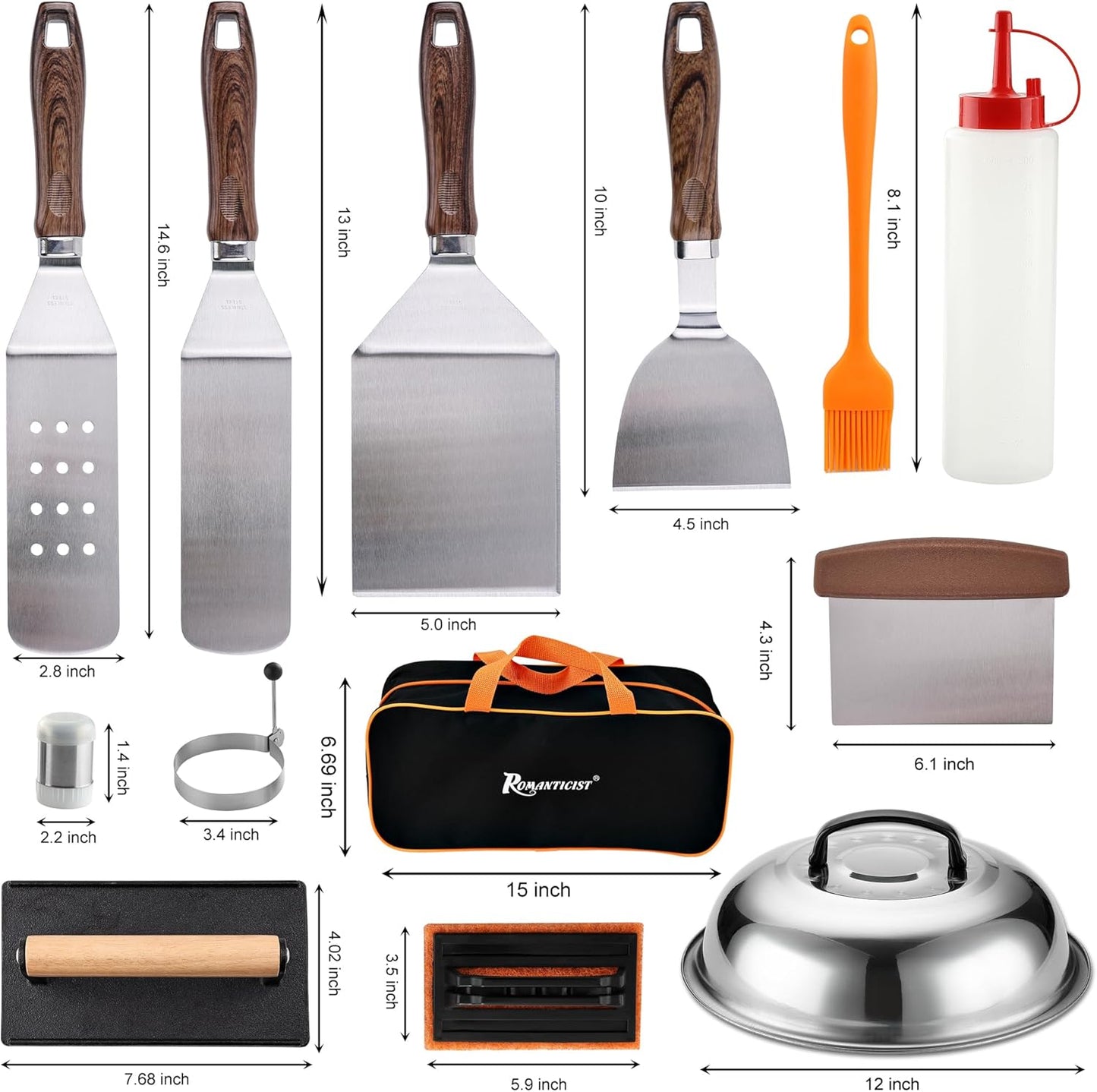 ROMANTICIST 19PCS Griddle Accessories Set - Flat Top Teppanyaki Spatula Set with Scraper, Basting Cover for Camp Chef- Home Cooking Griddle and Outdoor BBQ Gifts for Christmas