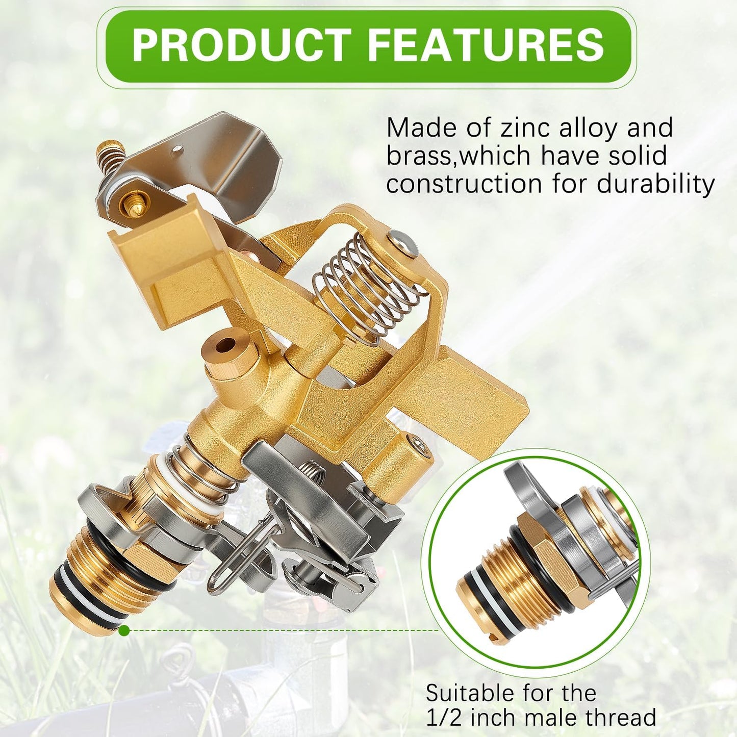 1/2 Inch Brass Sprinklers Head,Heavy Duty Water Sprinkler for Yard with 360 Degree Large Area Coverage Irrigation, Adjustable Impact Sprinklers Head Nozzle for Grass Patio Garden Irrigation