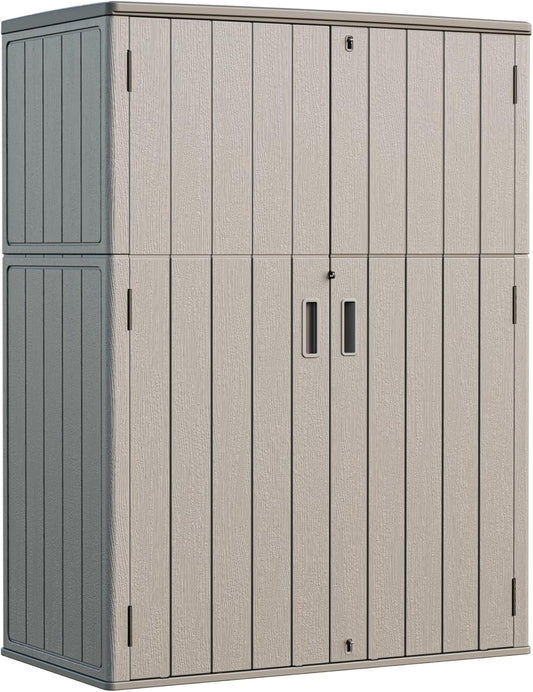 HOMSPARK Outdoor Storage Shed Weather Resistance, Patio Storage Cabinet Lockable Resin Tool Shed for Storage of Bike, Trash Cans, Garden Tools (Shallow Coffee, 66 Cu.ft)