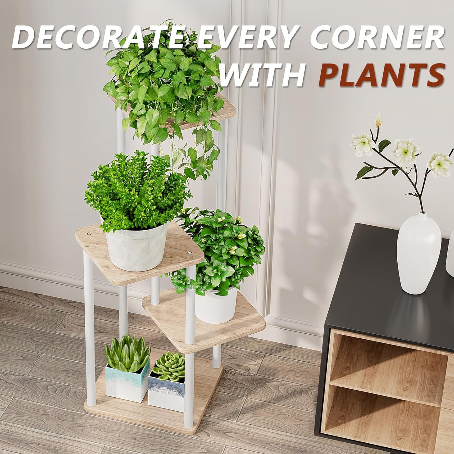 AZERPIAN Plant Stand 4 Tier Indoor Metal Flower Shelf for Multiple Plants Corner Tall Flower Holders for Patio Garden Living Room Balcony Bedroom, Black (4 Tier-White)