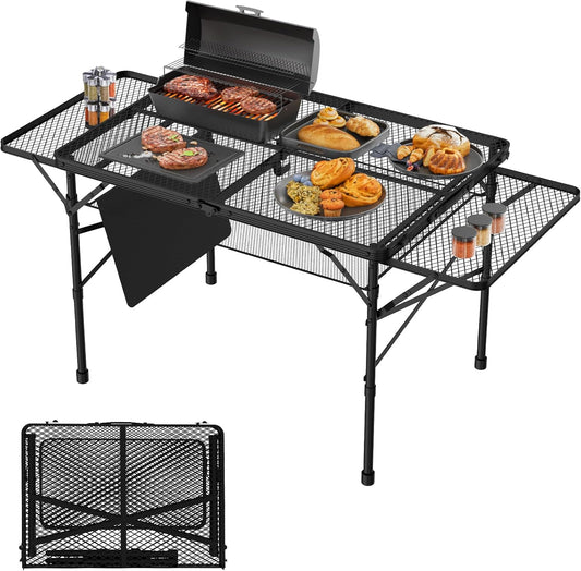 Folding Table with 2 Wing Panels, 3x2 FT Camping Table with Mesh Desktop,Height Adjustable Folding Grill Table with Mesh Bag,Portable Outdoor Table for Picnic,Camping,BBQ,Beach(Black)