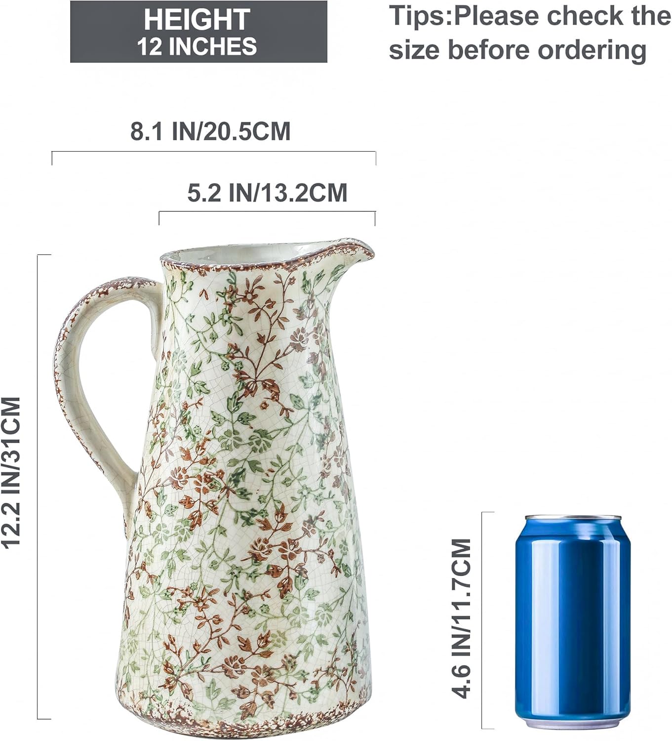 Enra Pitcher vase with Handle,12.2 in Ceramic Vintage Chinoiserie Floral Vase,Green and Beige Decorative Flower vase,Large Rustic Vases for Home Decors, Living Room, Bookshelf, Office