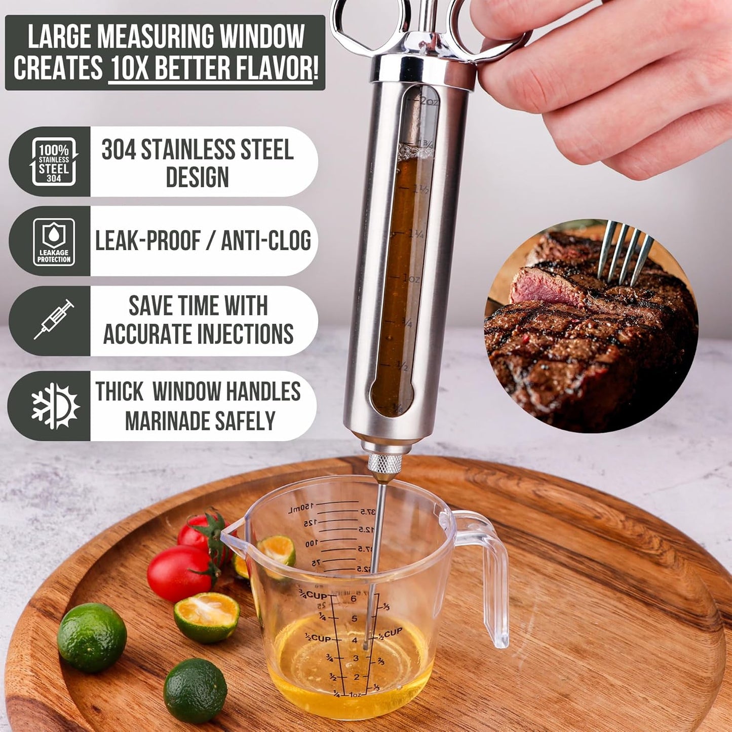 Professional Meat Injector Marinade Syringe Kit for Smoking & Grilling Turkey, Brisket & BBQ - Large 2 Oz Visible Stainless Steel Capacity - Never Leaks or Clogs + Safe Grill Cleaner & Flavor Brush