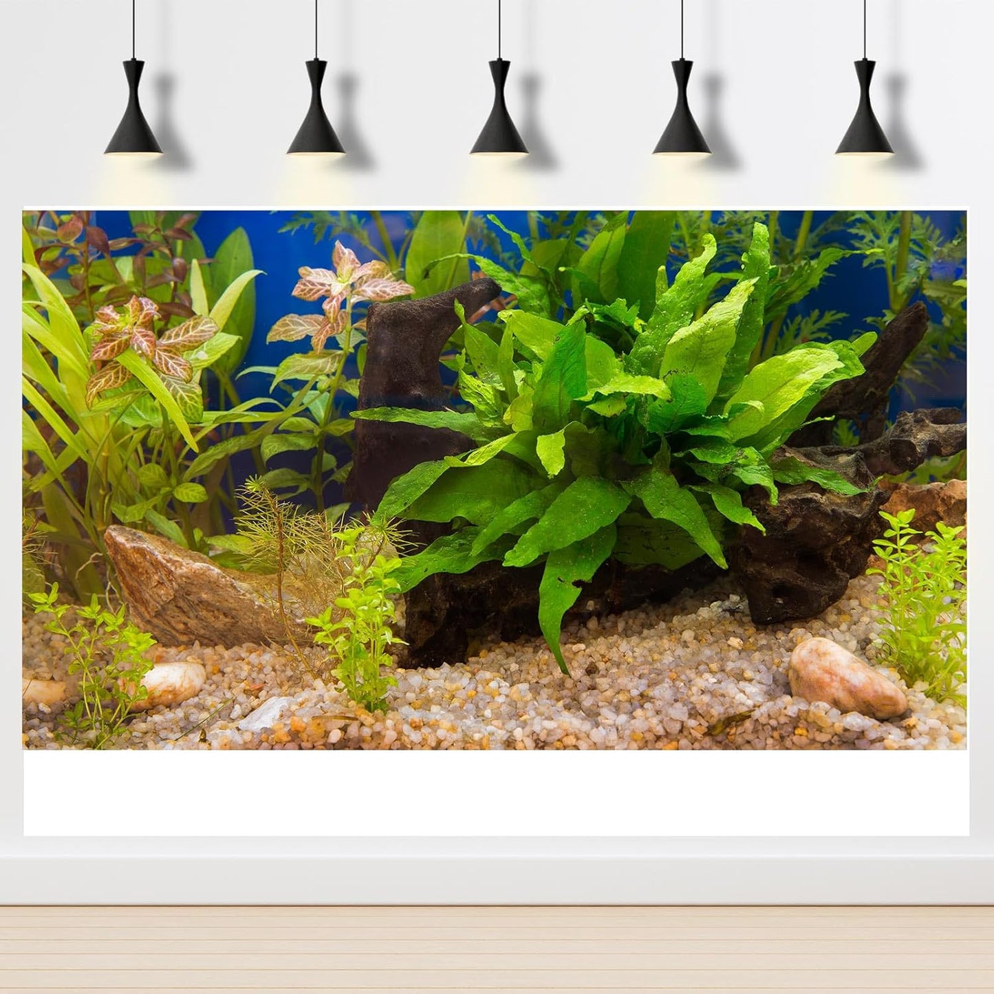 Aquarium Backdrop Underwater Grass Leaves Pebble Aquarium Background Vivid and Fresh Green Aquatic Plant Stone River Bed Fish Dead Wood Leaves Tank Background Decors Vinyl 36x20in