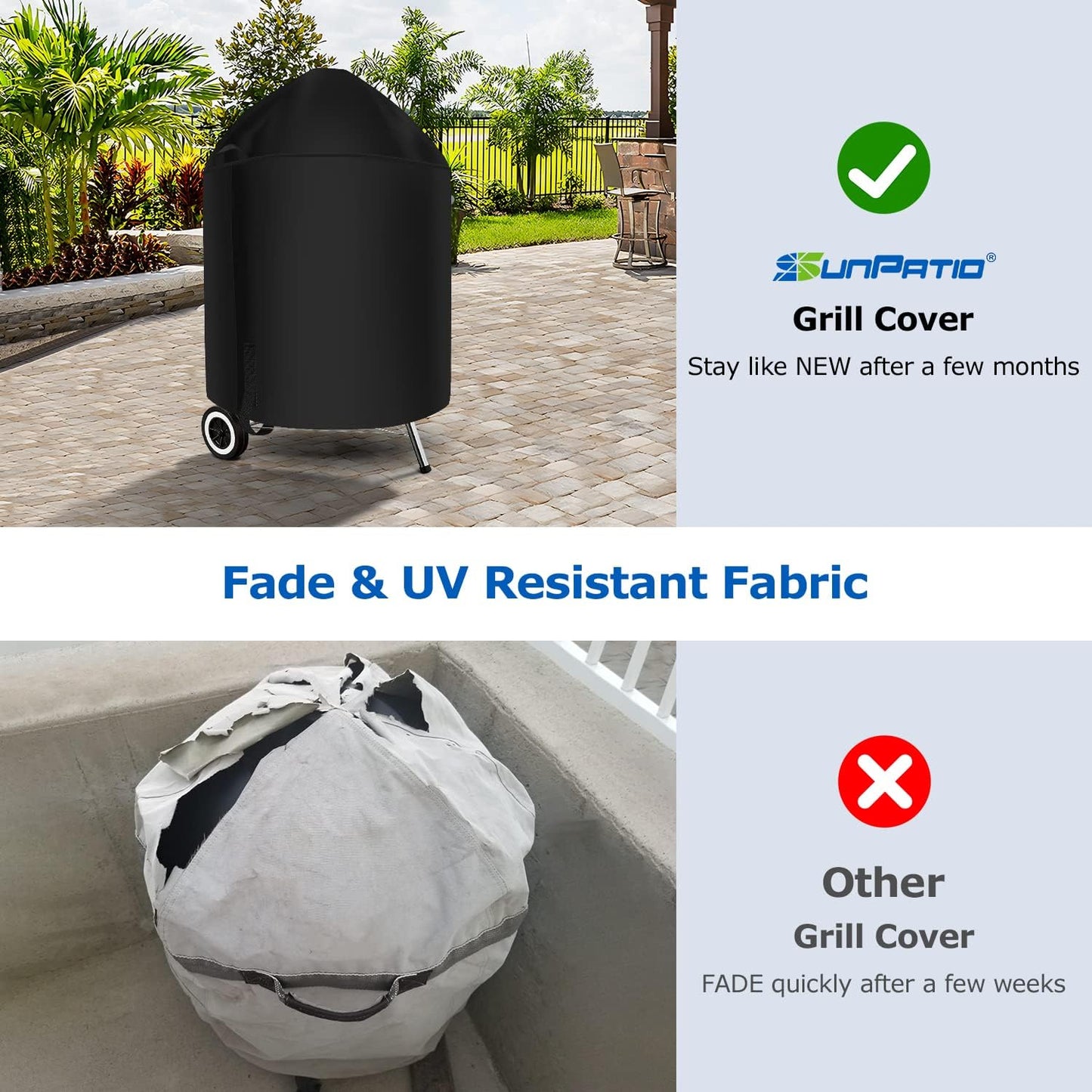 SunPatio Heavy Duty Waterproof Grill Cover Compatible for Weber, Big Green Egg, Char-Broil 22 Inch Charcoal Kettle Grills, Outdoor FadeStop BBQ Cover, Compared to Weber 7150, 27.5" Dia x 38" H