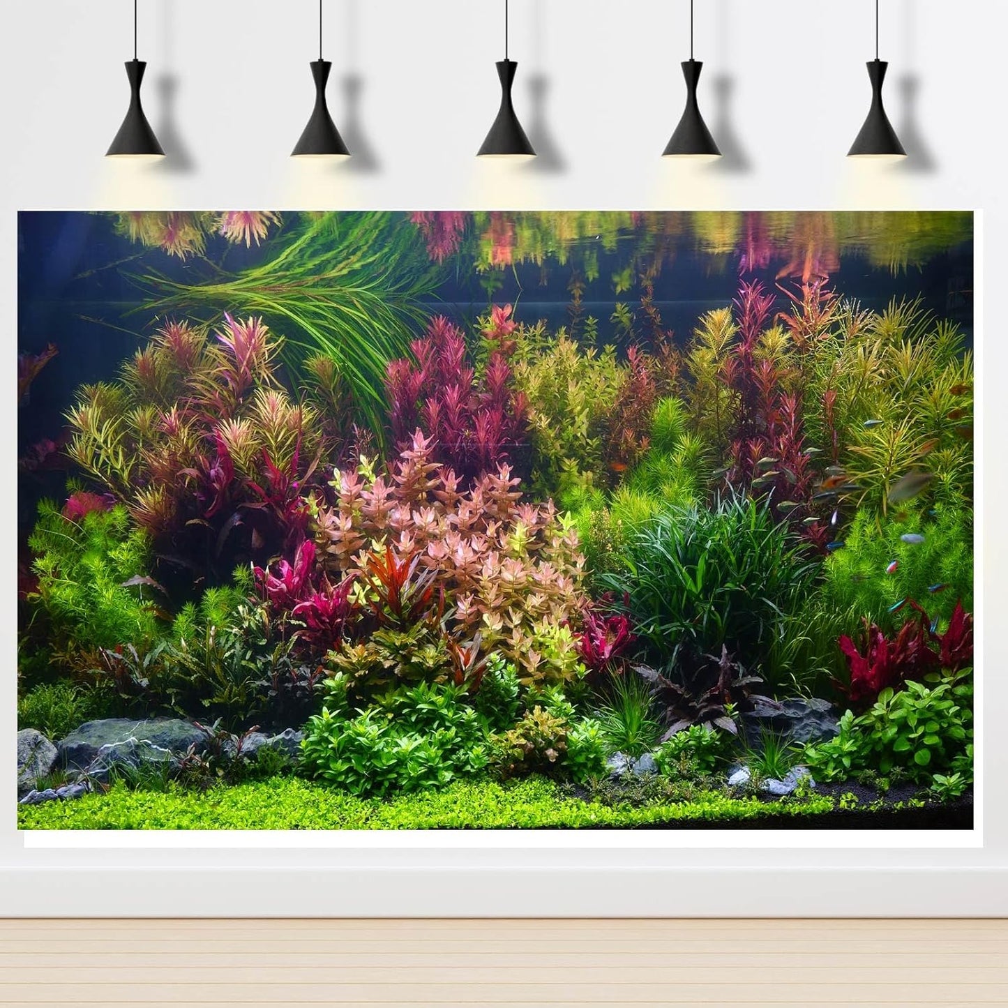 Aquarium Background Various Vivid Fresh Underwater Aquatic Plant Fish Tank Aquarium Backdrop Stone River Bed and Lake Fish Terrarium Background Decor Vinyl 72x16in
