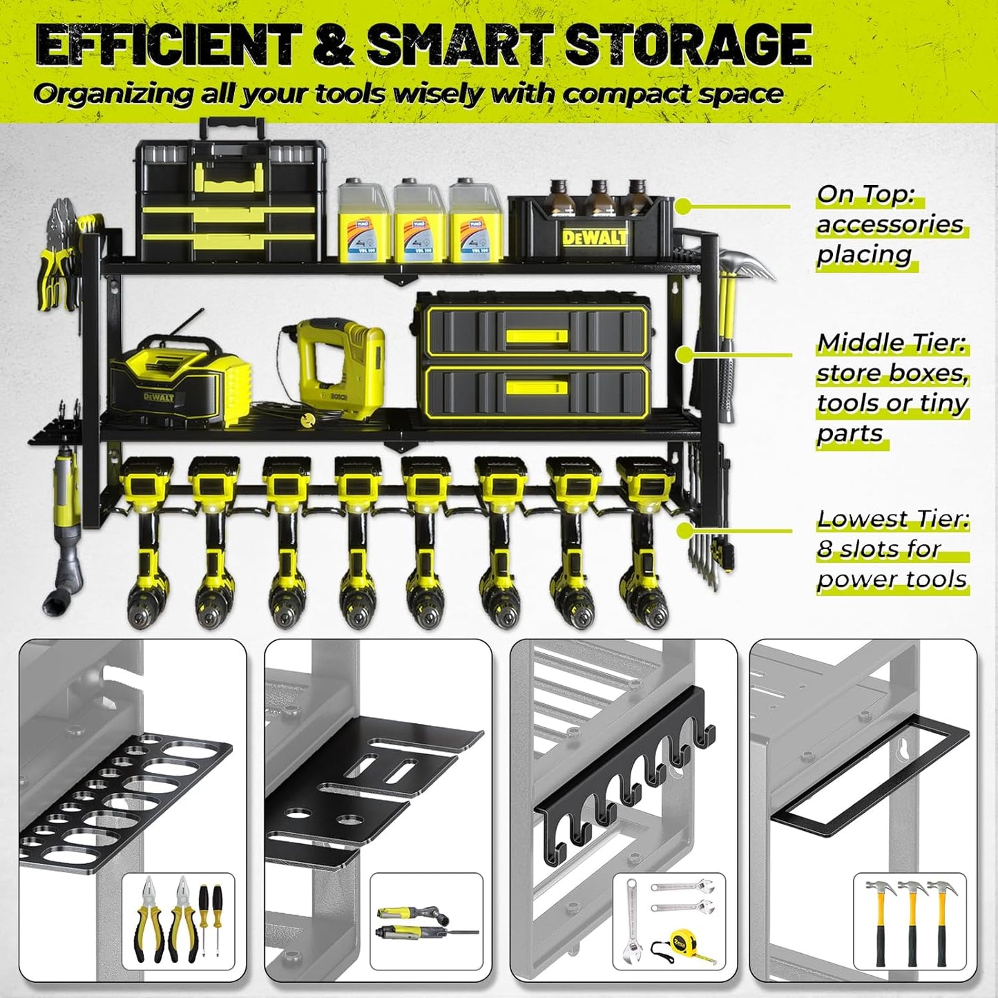 KAFAHOM Power Tool Organizer for Tool Storage, 8 Drill Holder Wall Mount, Tool Holder and Storage Rack for Garage Organization, Heavy Duty Metal Tool Shelf with Air tool/Screwdriver/Hammer Holder