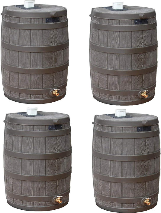 Good Ideas Rain Wizard 50 Gallon Plastic Outdoor Home Rain Barrel Water Storage Collector with Brass Spigot and Flat Back Design, Oak (4 Pack)