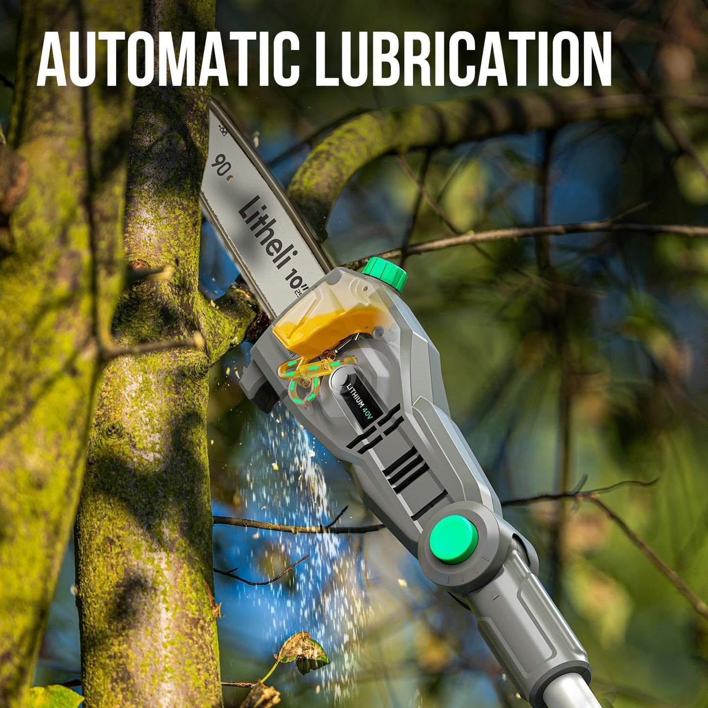 Litheli Cordless Pole Saw, 40V 2.5Ah Battery Pole Saws for Tree Trimming, 10-Inch Pole Saw Battery Powered 16ft/s Cutting Speed Auto Oiling Multi-Angle Electric Pole Chainsaw(Battery&Charger Included)