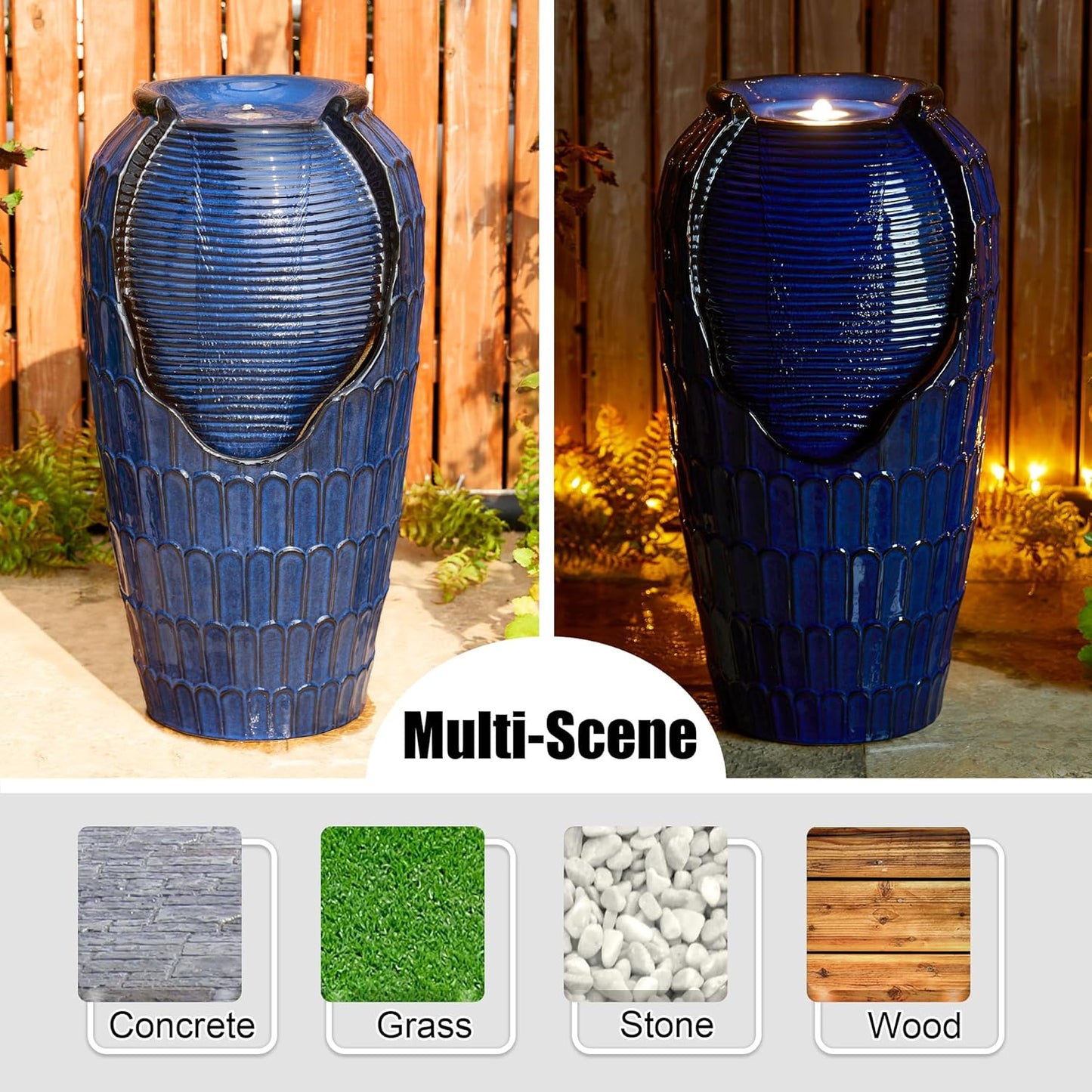 Glitzhome 28.25" H Oversized Ceramic Petals Textured Jar Outdoor Water Fountain, Vintage Cobalt Blue Glaze Vase Patio Garden Waterfall Fountain with LED Light and Submersible Pump