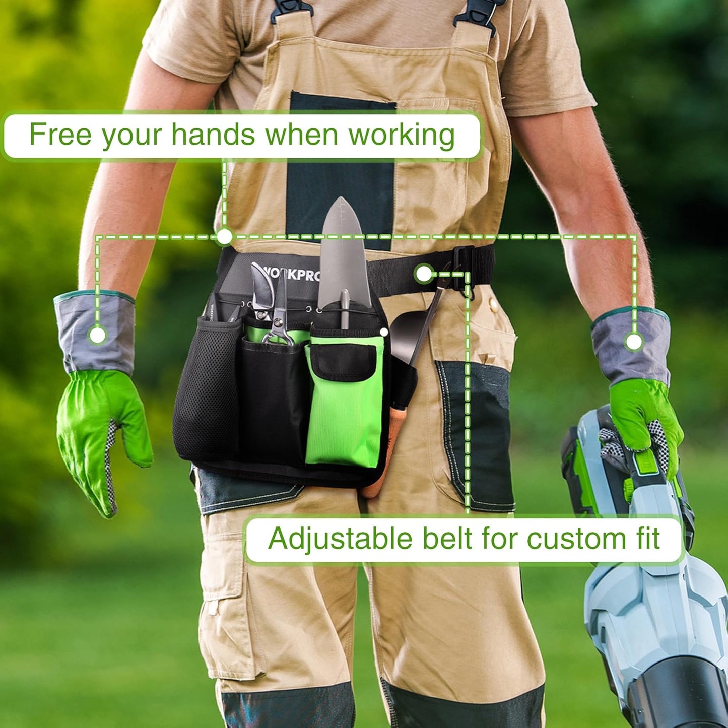 WORKPRO Garden Tool Belt, 5-Pocket Single Side Gardening Tool Pouch with Adjustable Waist Strap, Utility Garden Waist Bag for Women, Ideal for Gardening, Carpentry, and DIY Projects