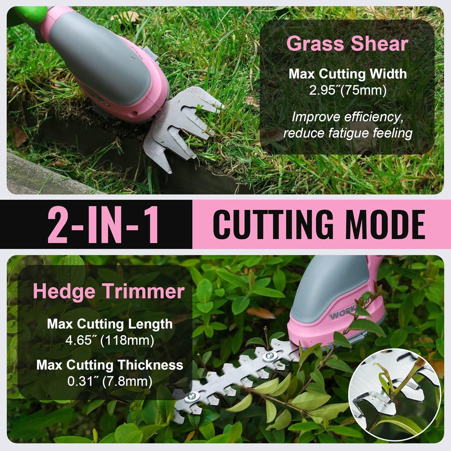 WORKPRO Cordless Grass Shear & Shrubbery Trimmer - 2 in 1 Handheld Hedge Trimmer Electric Grass Trimmer Hedge Shears/Grass Cutter Rechargeable Lithium-Ion Battery and Type-C Cable Included Pink Ribbon