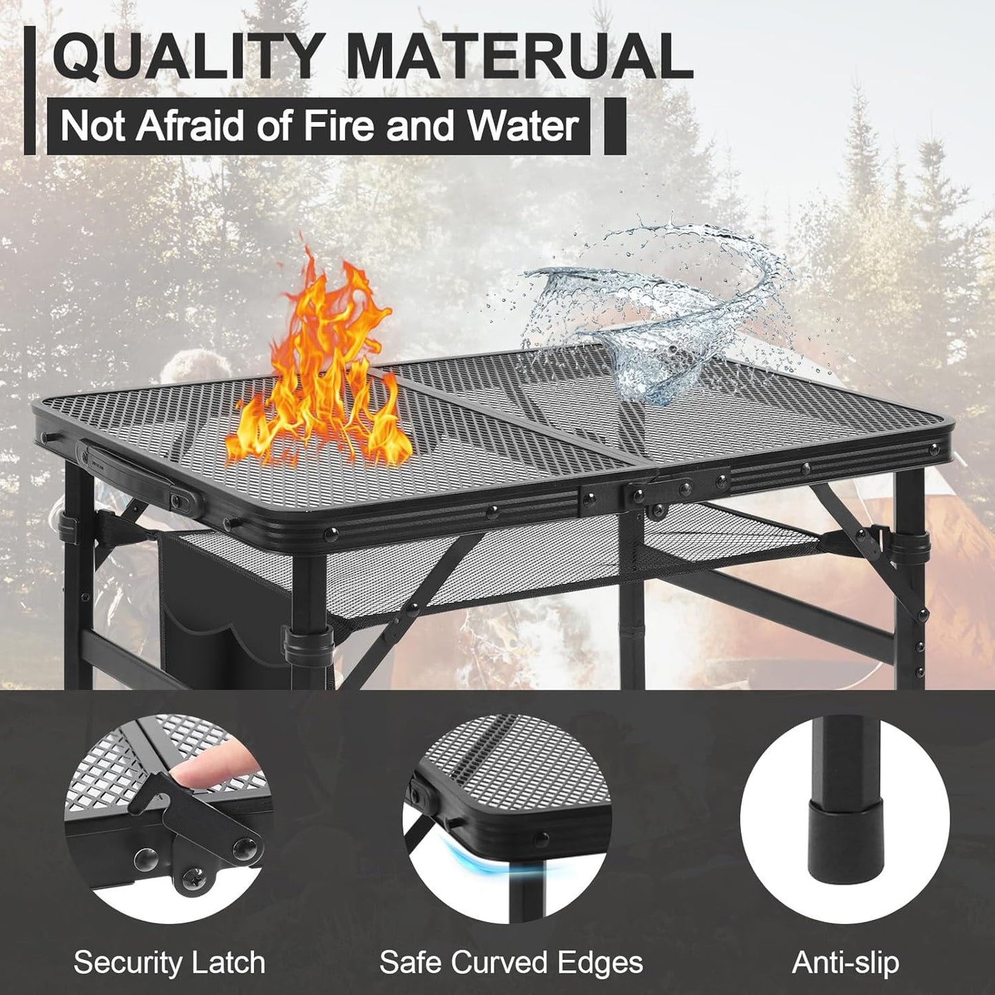 Camping Portable Folding Grill 2x1.3 FT Table, Lightweight Height Adjustable Metal Picnic Outdoor Table with Mesh Desktop and Mesh Bag, Picnic, Beach and BBQ, Party