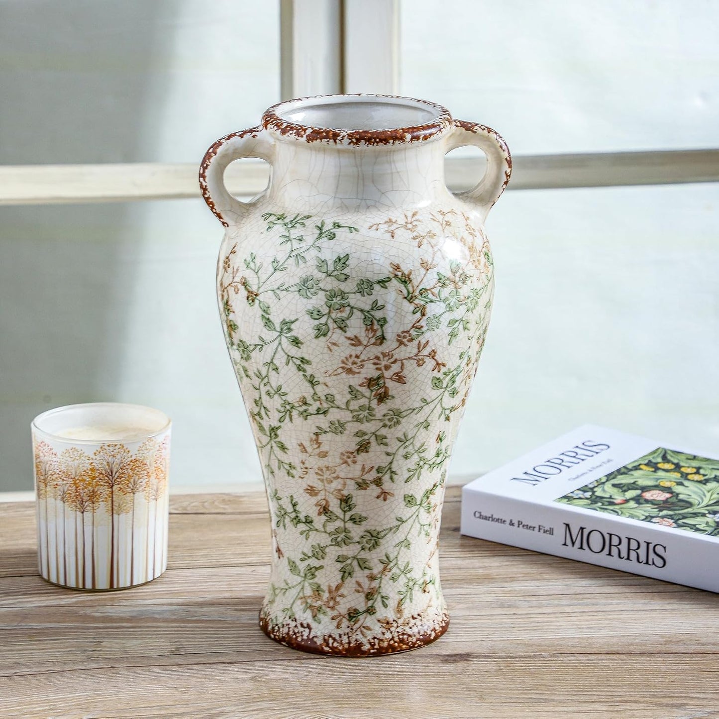 Enra Farmhouse Vintage vase with Handle,12.6 in Ceramic Chinoiserie Floral Vase,Green and Beige Decorative Flower vase,Large Rustic Vases for Home Decors, Living Room, Bookshelf, Office