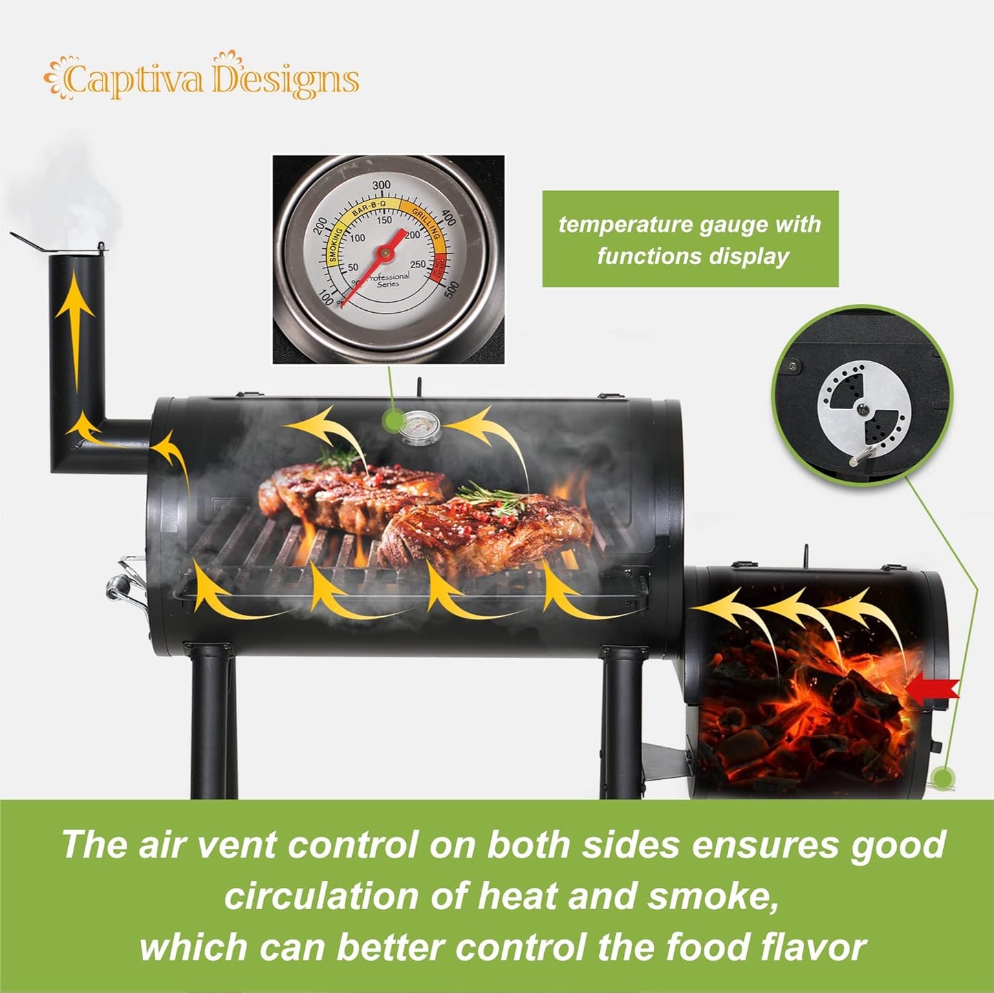 Captiva Designs Charcoal Grill with Offset Smoker, All Metal Steel Made Outdoor Smoker, 512 sq.in Cooking Area, Best Combo for Outdoor Garden Patio and Backyard Cooking