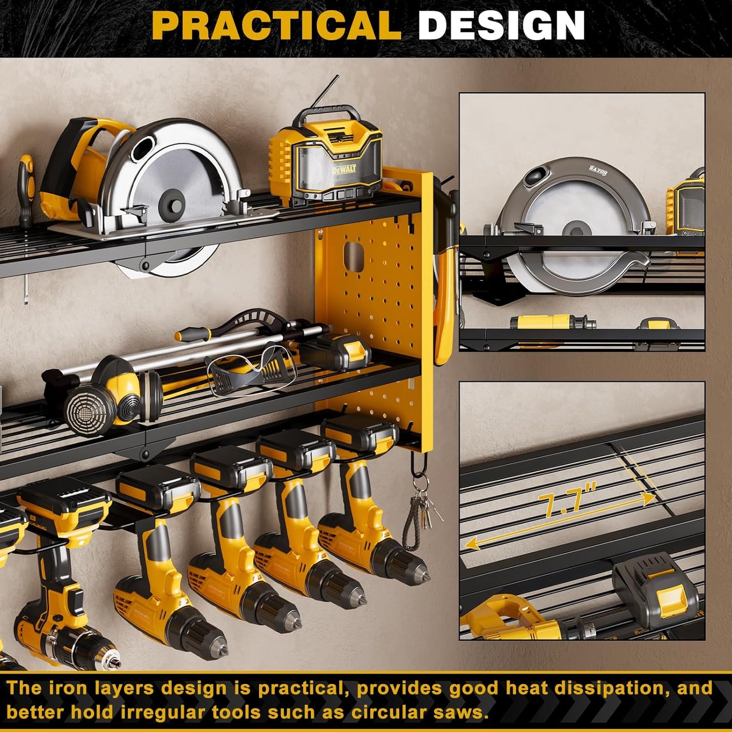 Power Tool Organizer Wall Mount,Cordless Drill Hanger Storage Rack 8 Drill Holder,3 Layers Heavy Duty Power Tool Storage Rack(Yellow)