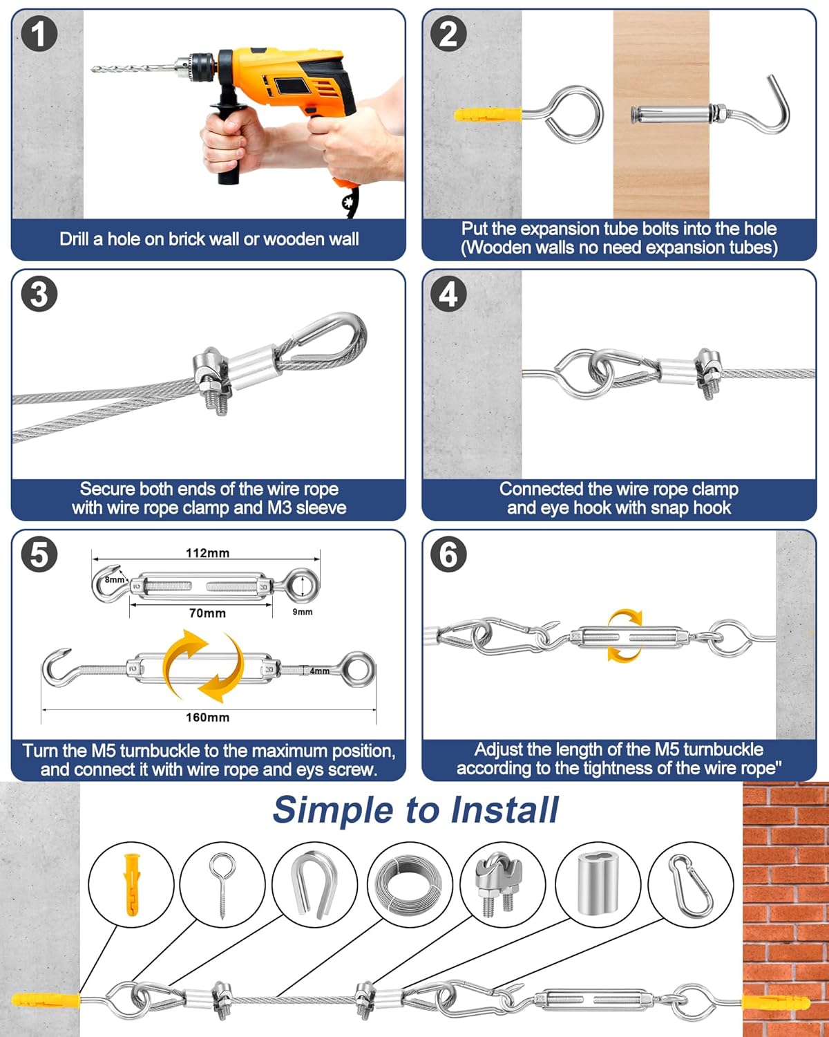 220 FT 1/16" Wire Rope Kit 304 Stainless Steel Cable with M5 Turnbuckles for Cables Wire, Vinyl Coated String Lights Hanging Wires for Outdoor Camping, Trellis, Garden, Clothes line, Curtain, Picture