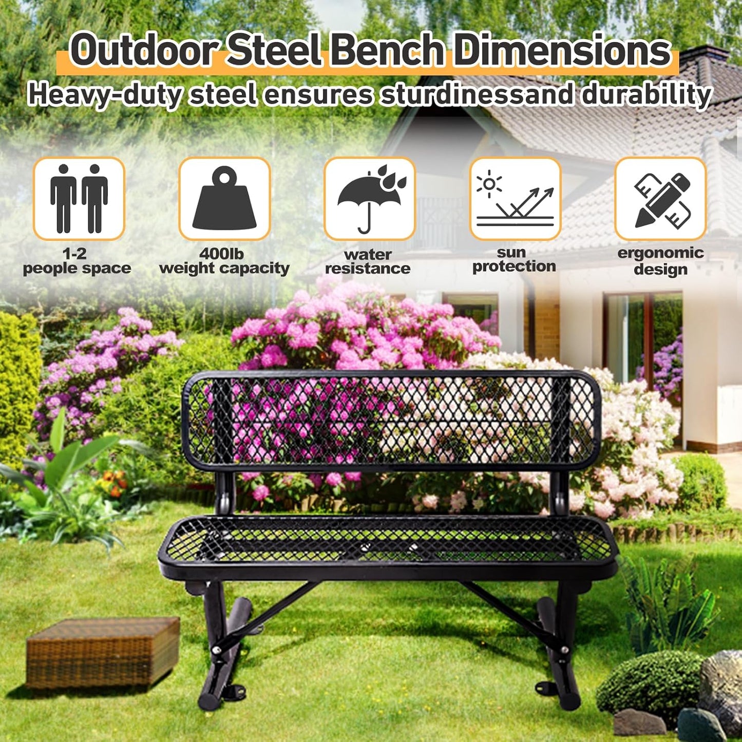 Outdoor Garden Bench, Cast Iron Metal Frame Patio Park Bench with Backrest, Portable Expanded Metal Black Bench, Commercial-Grade Outdoor Seating for Lawn, Patio, Park, Yard, Garden (Black, 4FT/48'')