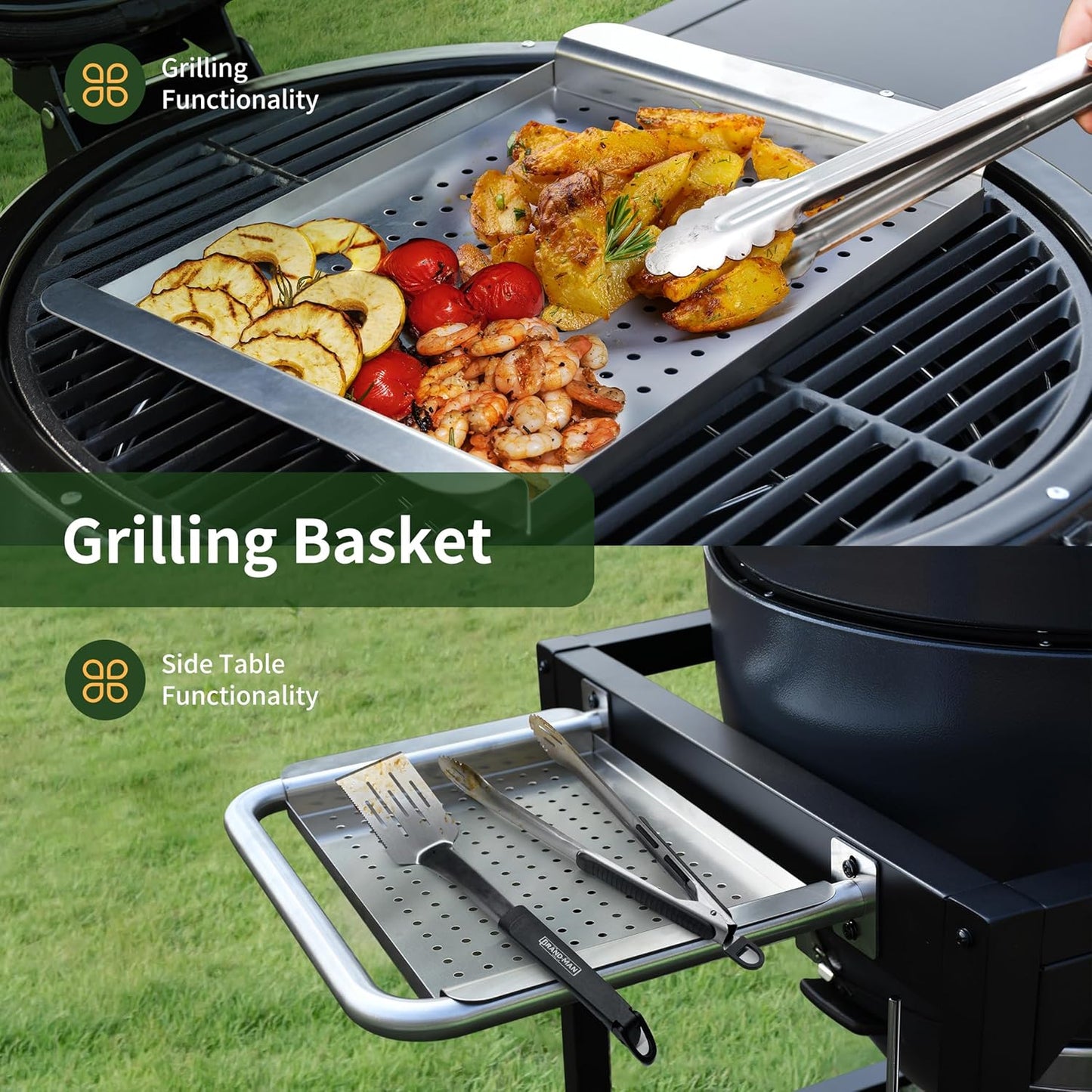 Brand-Man RODEO Steel Kamado Charcoal Grill & Smoker - 22" Cast Iron Grates, Grilling Basket, Large Prep Table Cart, Ideal for Outdoor Cooking