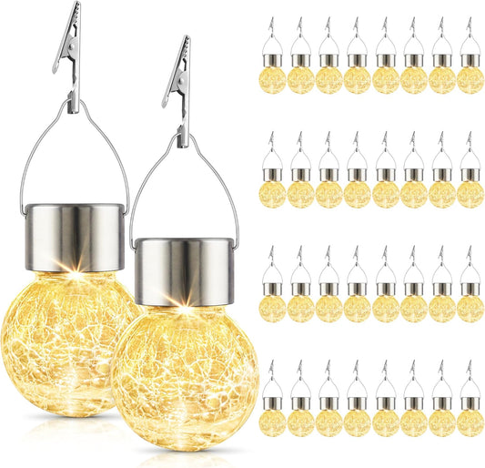 Solar Lights Outdoor Decorative 32 Pack, Hanging Solar Garden Lights Waterproof, Solar Powered Globe Lantern Cracked Glass Ball Lights for Yard Patio Fence Tree Umbrella Holiday Decoration, Warm White