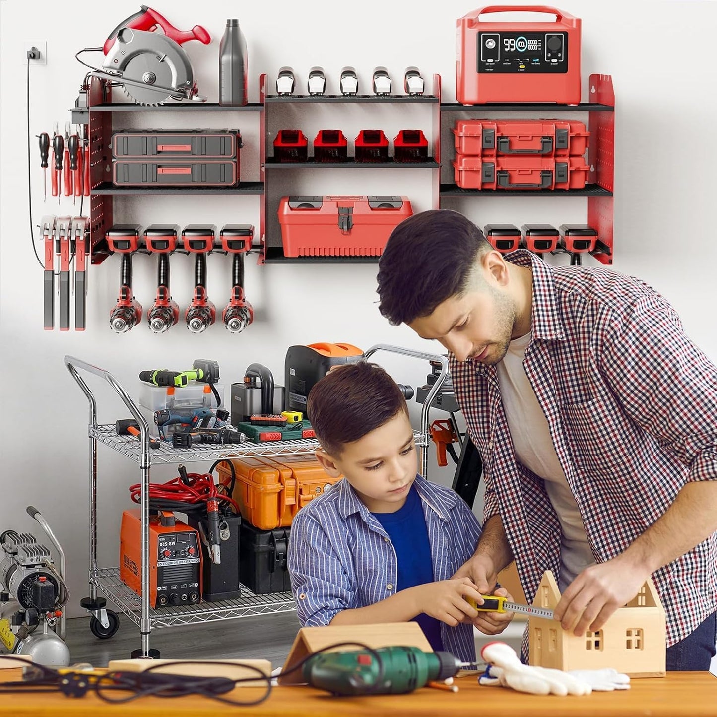 Power Tool Organizer with Charging Station Wall Mount, 3 Layer Expanded Heavy Duty Garage Organization, 45.5 Inch Length Garage Tool Storage, 8 Drills, 2 Assemble Method, Red