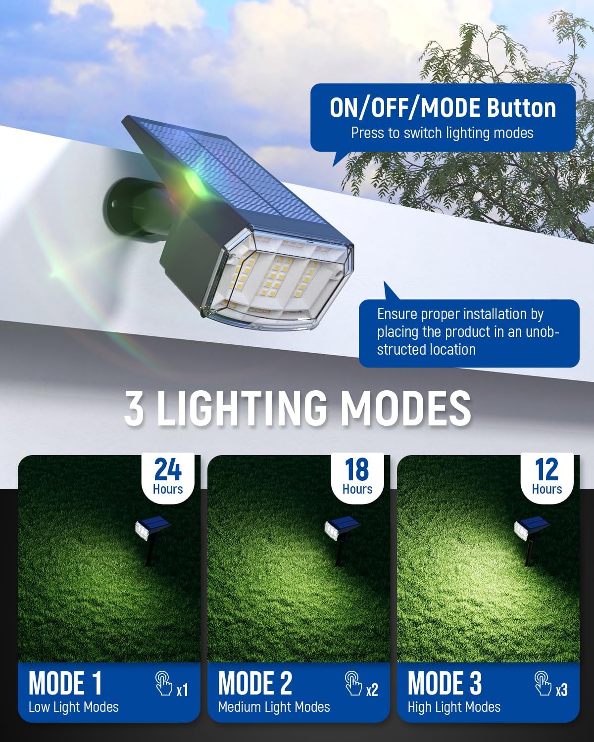 Solar Spot Lights Outdoor 63 LED 3 Lighting,Waterproof IP65 Modes Spotlights for Outside House Yard Garden Landscape Lights 3 Pack (Natural Light)