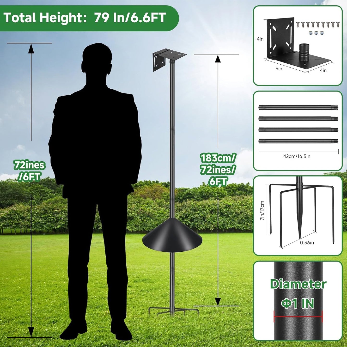 Smart Bird Feeder Pole Stand 79In,Adjustable Height Metal Bird House Pole for Outdoor Garden with Multiple Mounting Options (Black, Round Squirrel Baffle - High 79in)