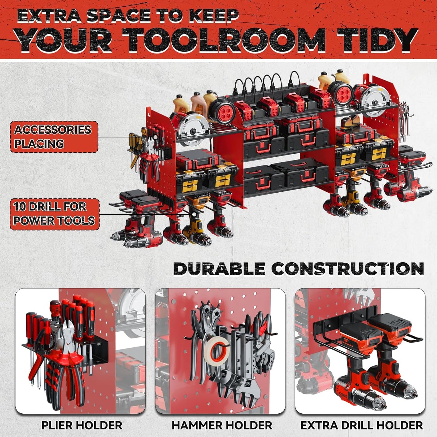 Upgrade Large Power Tool Organizer Wall Mount with Charging Station Tool Storage Rack with 6.5FT Power Strip 10 Drill Holder and Storage Rack for Garage Organization
