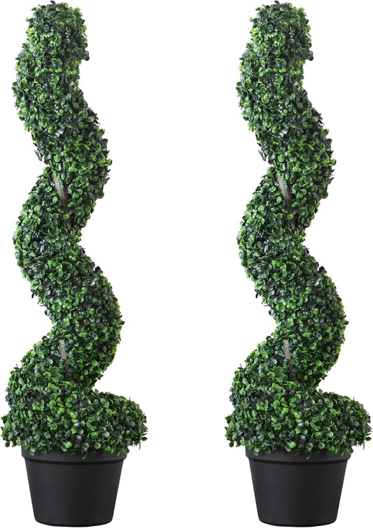 39 inchBoxwood Artificial Cedar Spiral Topiary Trees – Decorative Fake Greenery in Planter Pots for Front Porch, Outdoor Walkway, Entryway Decorating, Set of 2