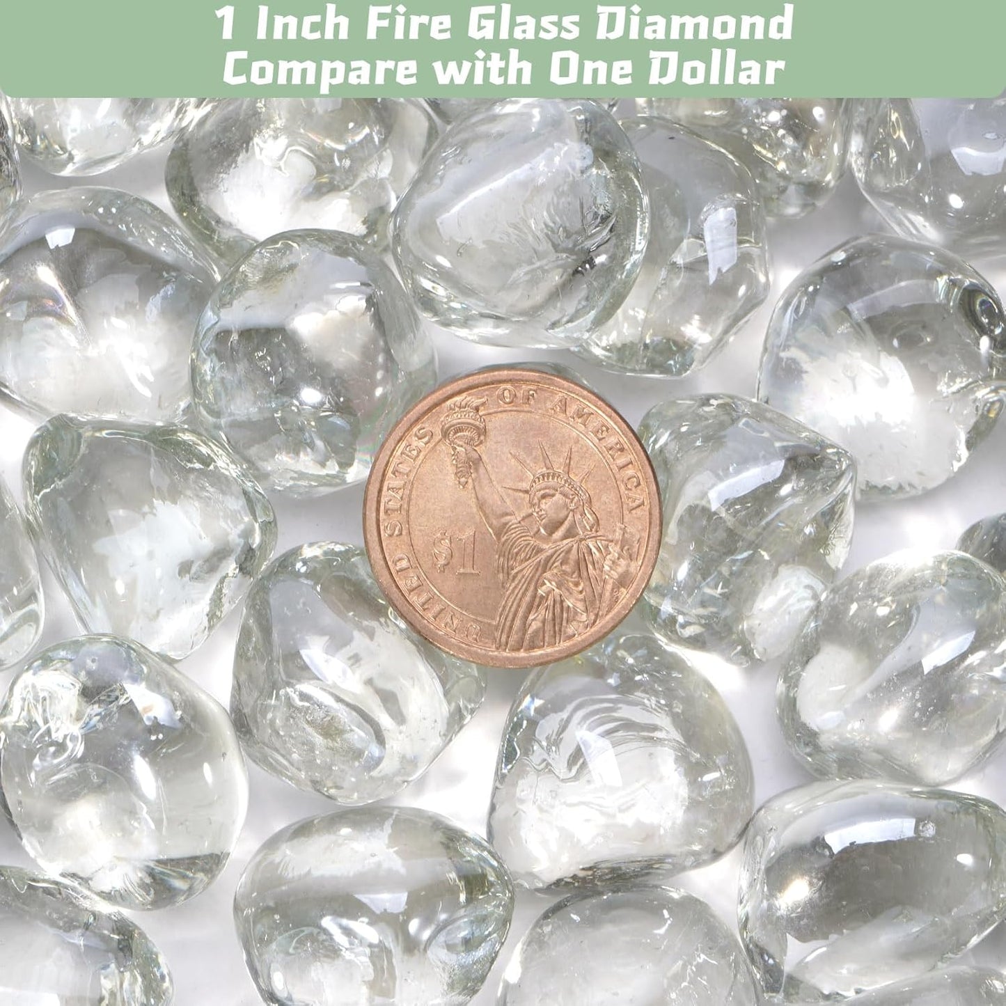 Firepit Glass, Clear Fire Glass Rocks for Propane Fire Pit, Fireplace, and Outdoor Decoration, High Luster 1 Inch Diamonds 10LB