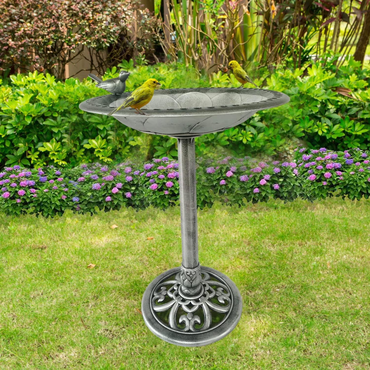 Outdoor Garden Bird Bath - Silver - Weather Resistant Polyresin - 30 Inch - Backyard Expressions