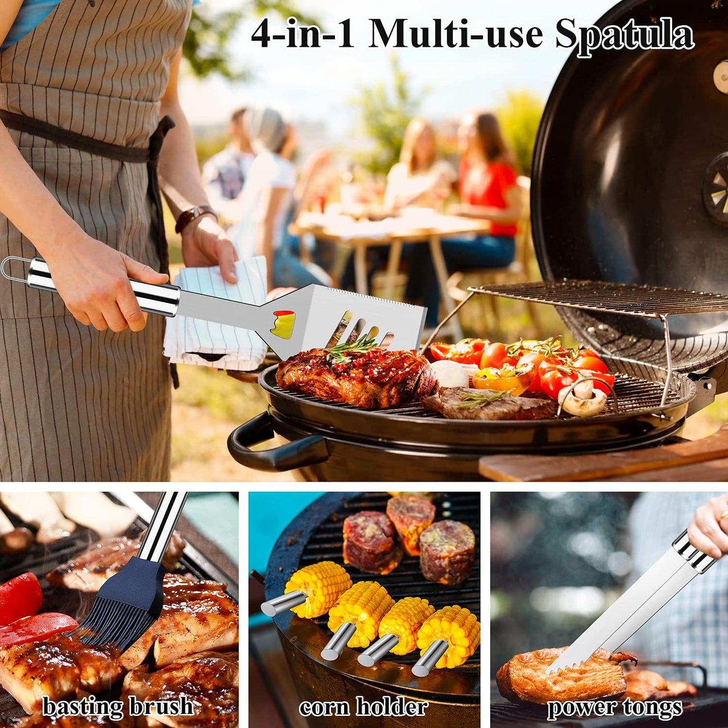 ROMANTICIST 27pcs Heavy Duty Grilling Gifts for Men Dad Fathers Day, Extra Thick BBQ Accessories Tools Set, Stainless Steel Grill Utensils Kit with Meat Claws, Carrying Bag for Outdoor Camping Silver