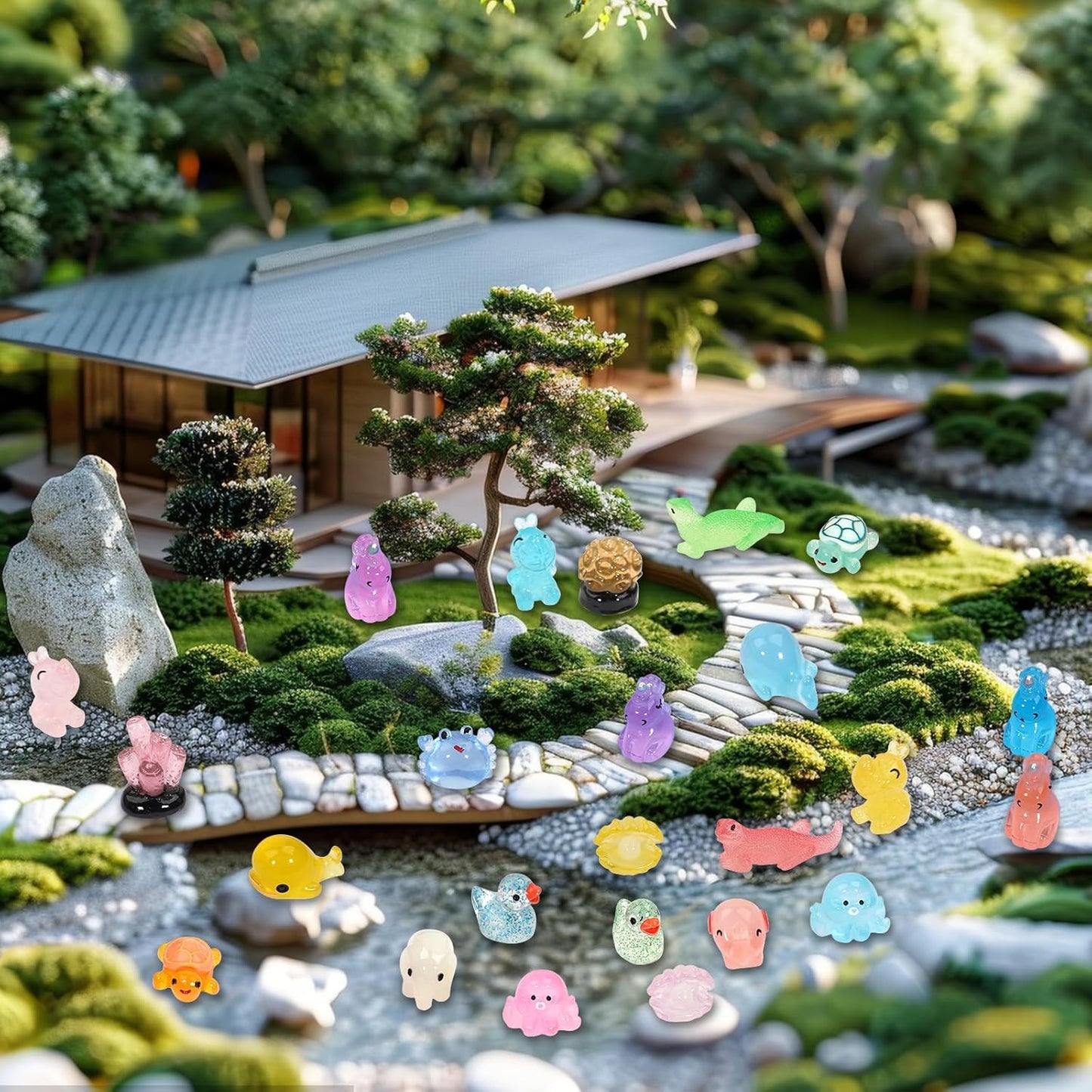Luminous Mini Resin Animals Figures to Hide, 72 PCS Small Animal Figurines Tiny Plastic Animals Bulk Glow in The Dark, Little Ducks Miniature Turtles Micro Unicorns for Fairy Garden Aquarium Decor