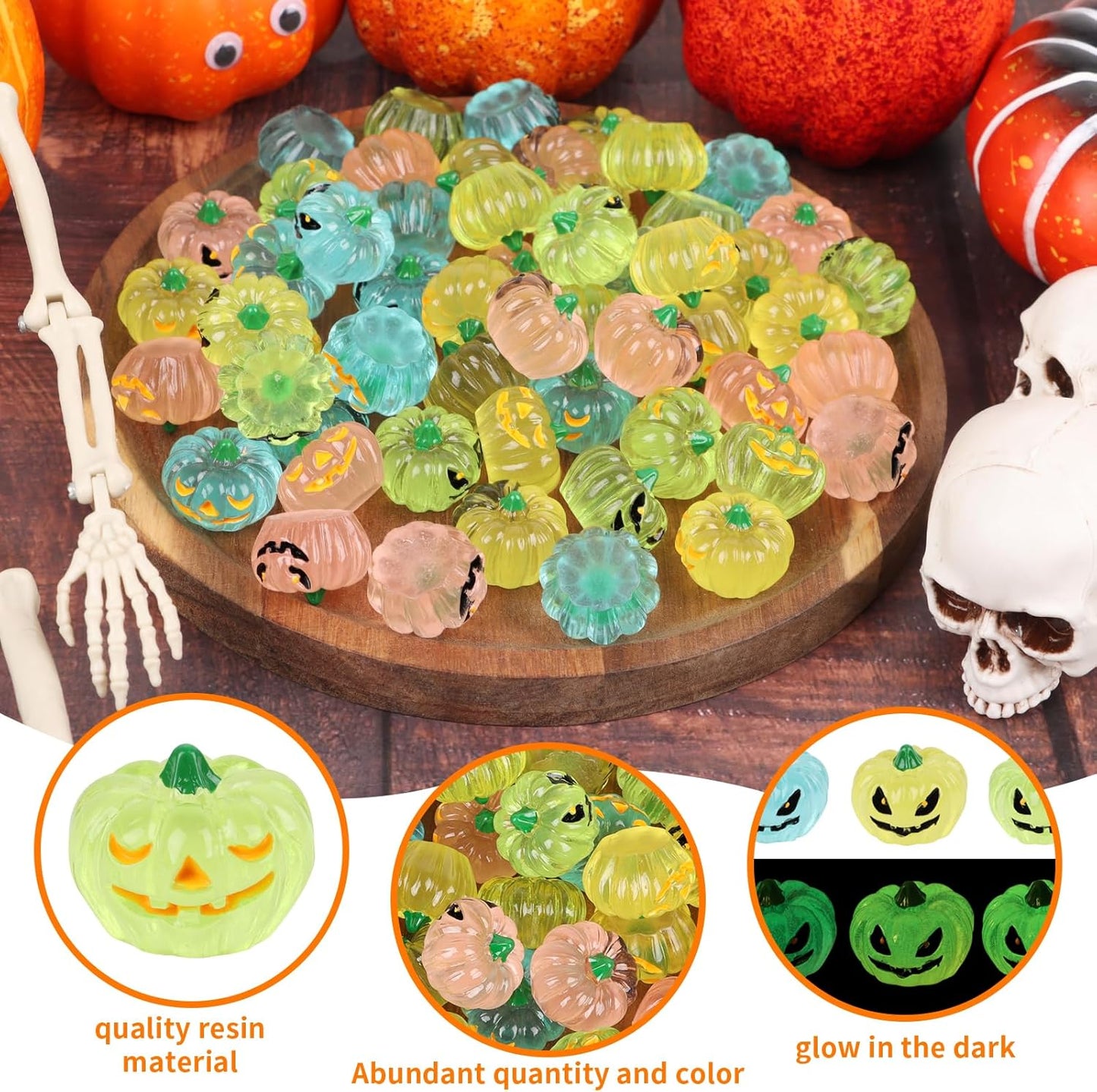 STEFORD 56 Pcs Luminous Resin Pumpkins, Halloween Miniature Figurines Glow in The Dark Mini Tiny Plastic Fake Pumpkin Bulk for Decorating Outside Outdoor DIY Crafts Home Fairy Garden Dollhouse Decor