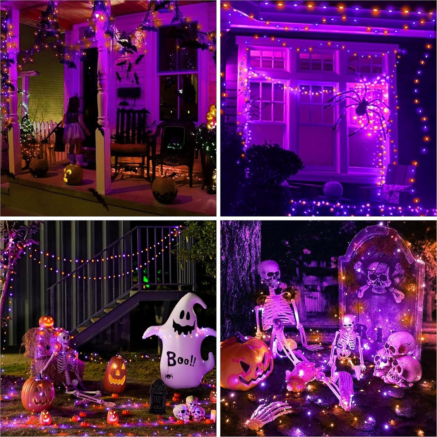 btfarm 4 Pack Solar Halloween String Lights Outdoor, 320LED 132FT Orange Purple Solar Fairy Lights Outside Waterproof, 8 Modes Solar Powered Twinkle Lights for Tree Garden Patio Halloween Decorations