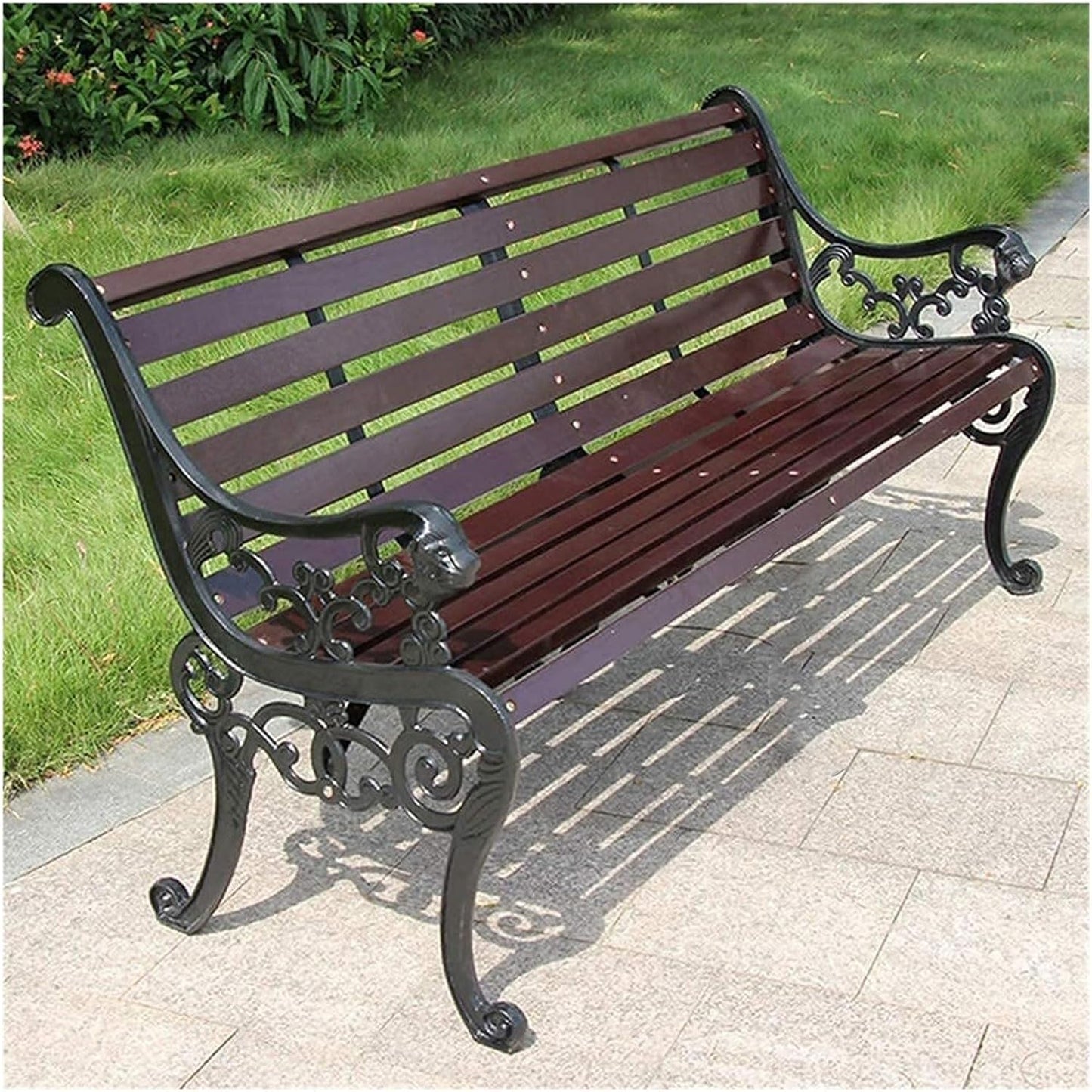 Outdoor Bench, Porch Bench, Garden Park Bench, Cast Aluminum Preservative Wood Bench with Backrest and Armrests for 2-3 People Porch/Deck/Patio Furniture(Brown+Black Legs,150CM)