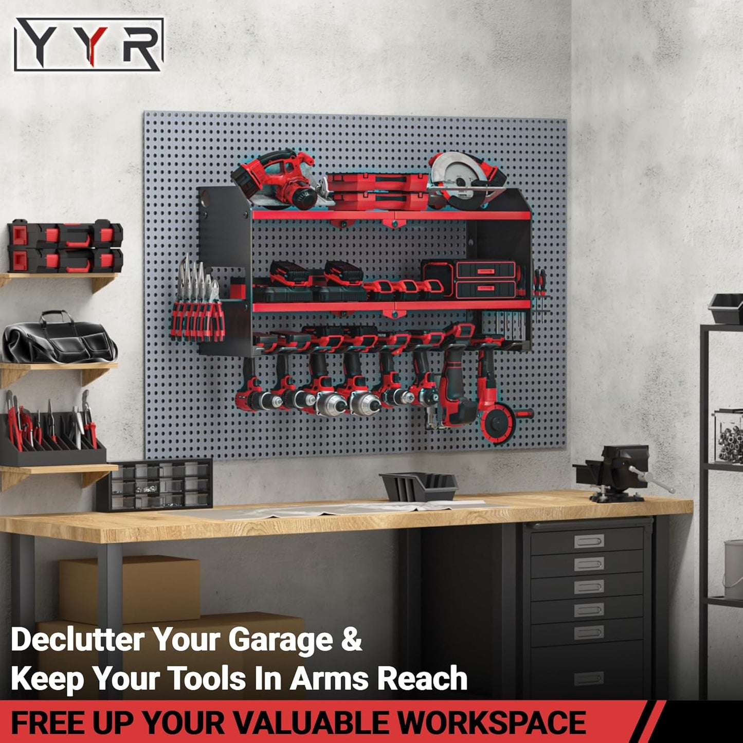 YYR Power Tool Organizer Wall Mount, Cordless Drill and Battery Holder, Electric Tools Hanger Storage Rack with Charging Station, Garage Organization Floating Shelf - Made of Heavy Duty Metal, Red